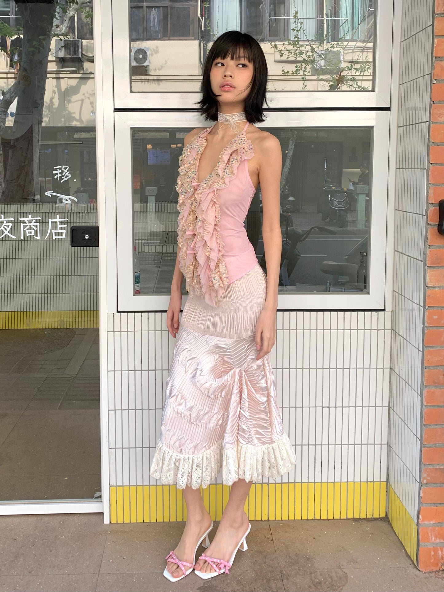 Pink glittering sequin ruffled halter strap original design top
