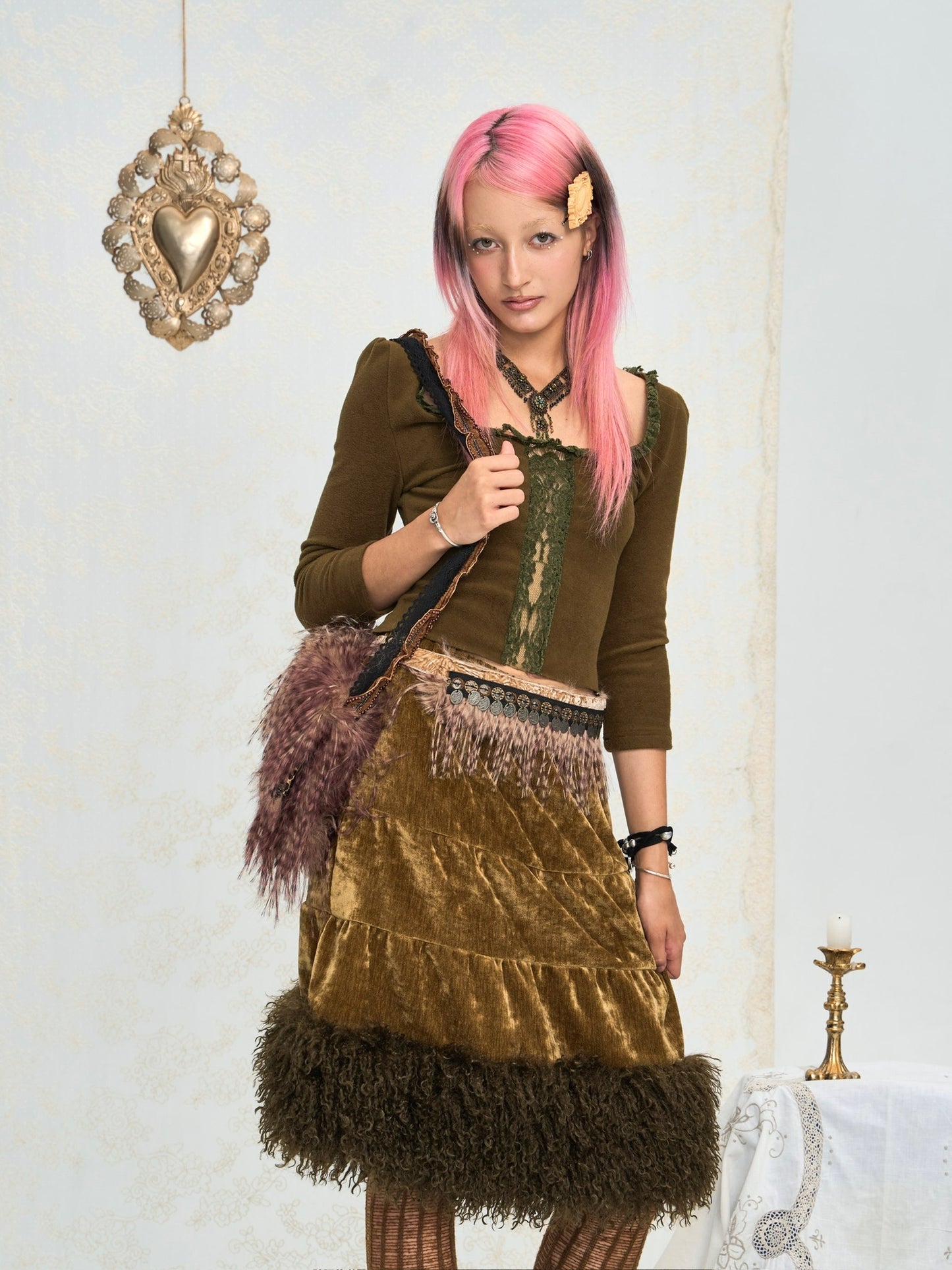Shagreen green velvet-effect corduroy patchwork faux fur A-line skirt