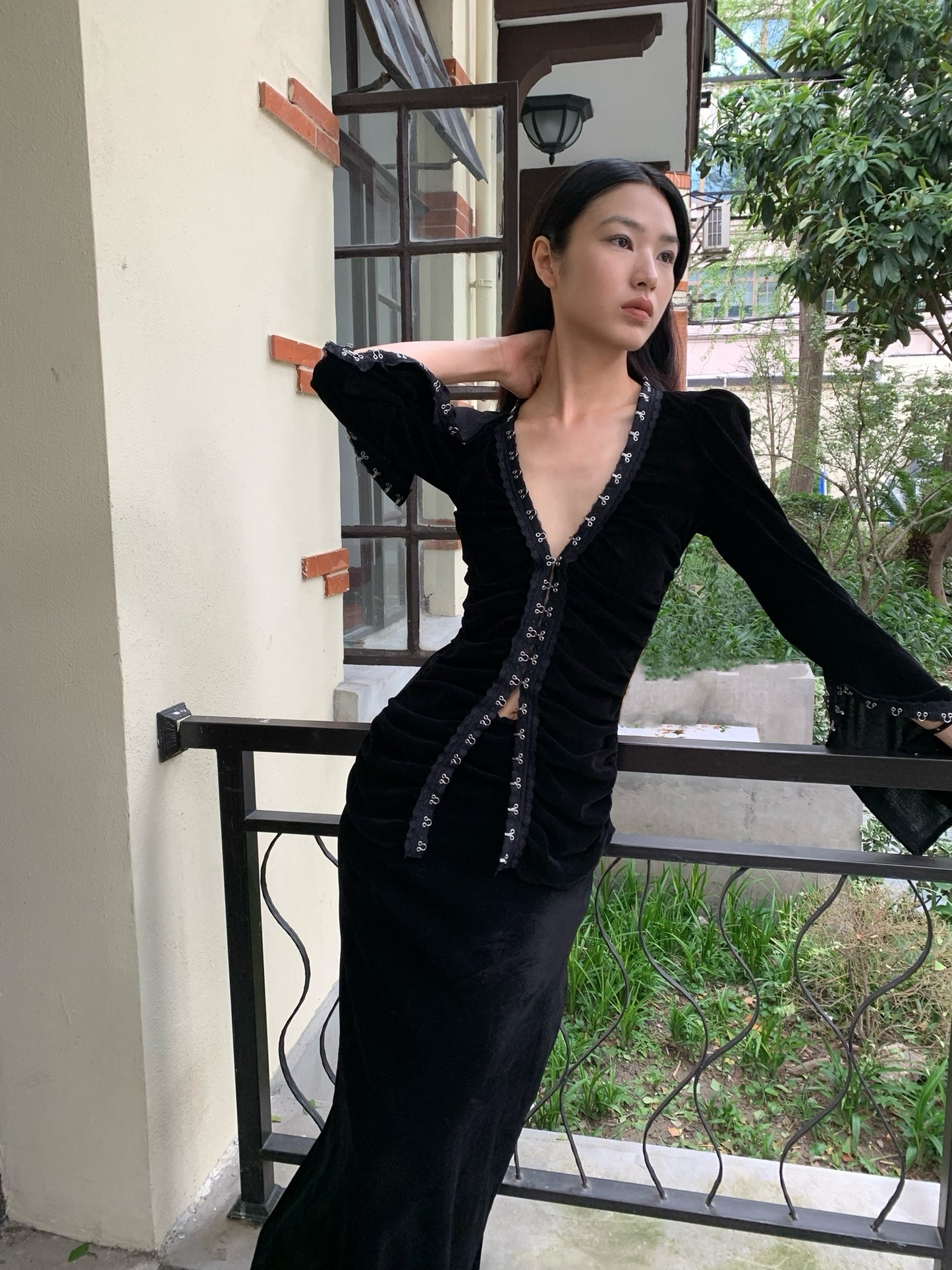 Black velvet set with skirt + hook button top (can be bought separately