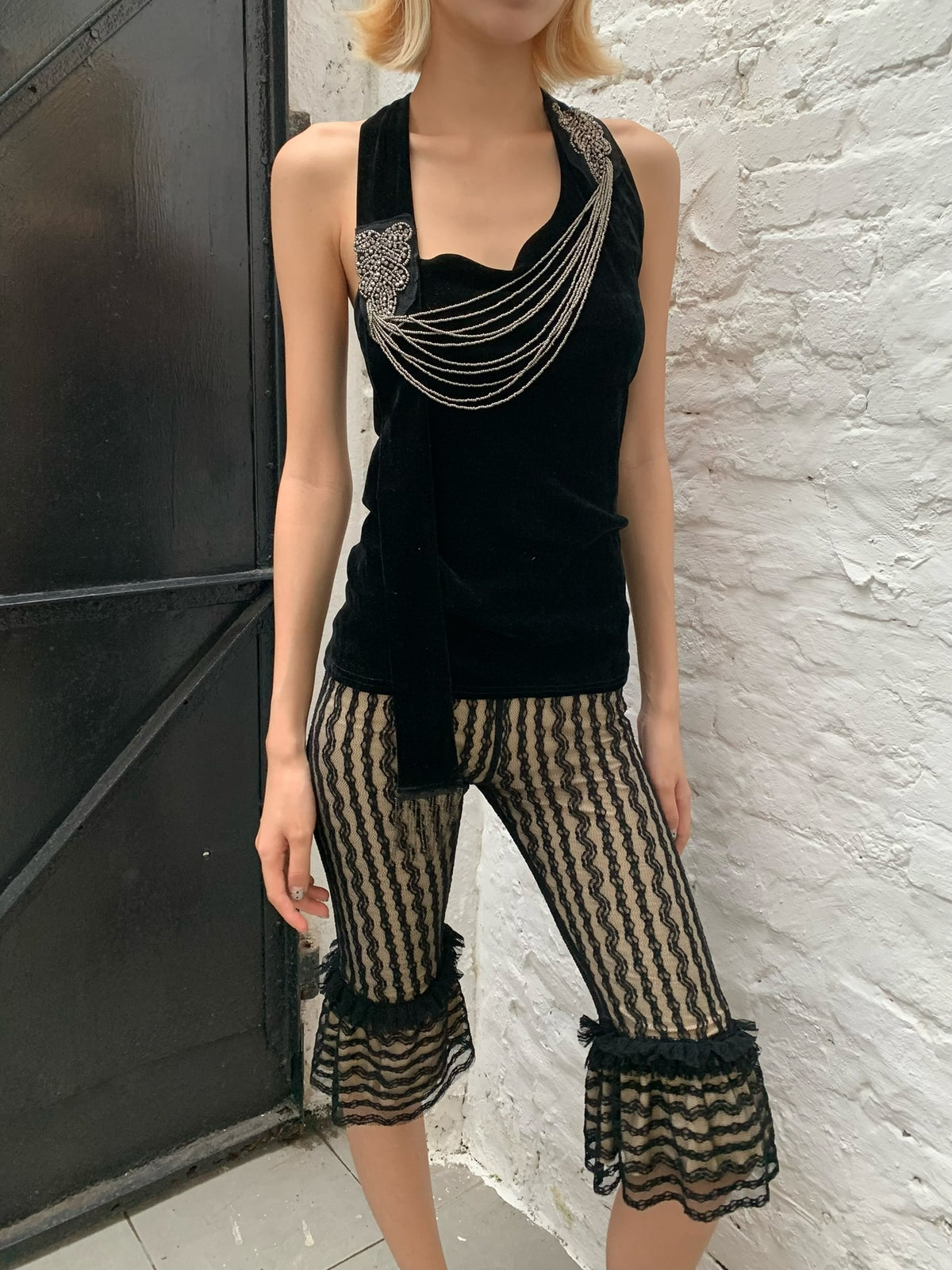 Black and White lace retro striped leggings trousers pants
