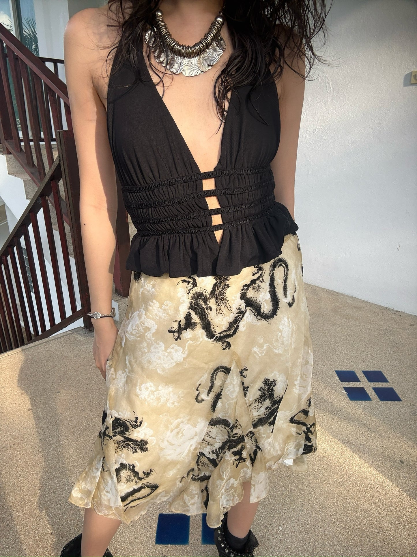 Dragon print chiffon skirt with wide hemline