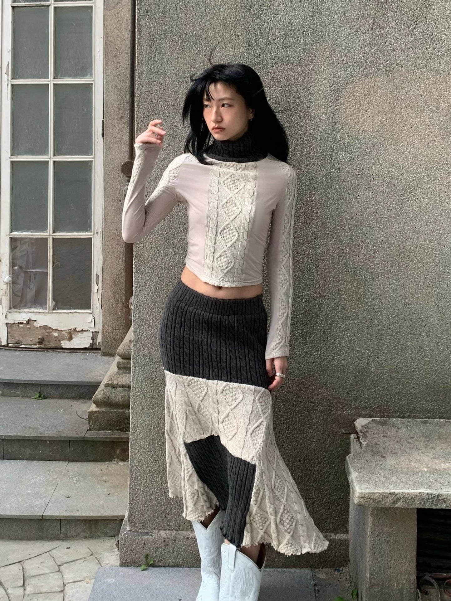 Original patchwork knitted stretch slimming design top + half skirt （can be bought separately