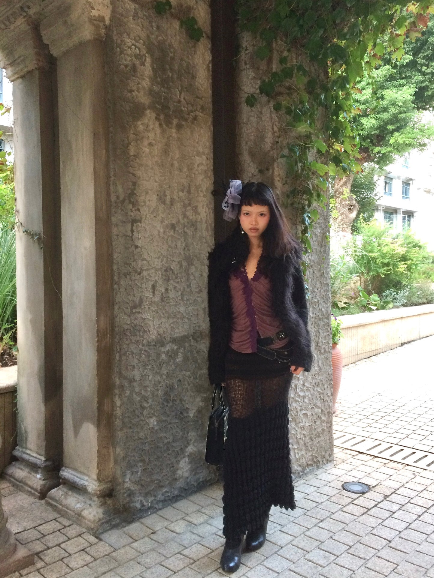 Velvet purple lace long-sleeved fitted stretchy top / cardigan