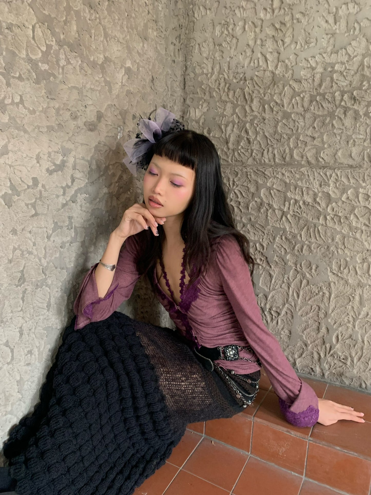 Velvet purple lace long-sleeved fitted stretchy top / cardigan