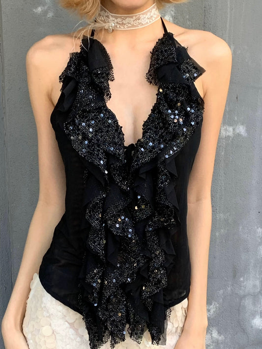 Dark glittering sequin ruffled halter strap original design top