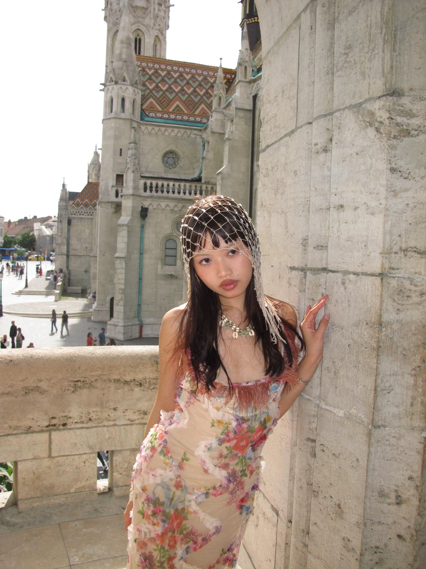 Original romantic feather patchwork mesh dress