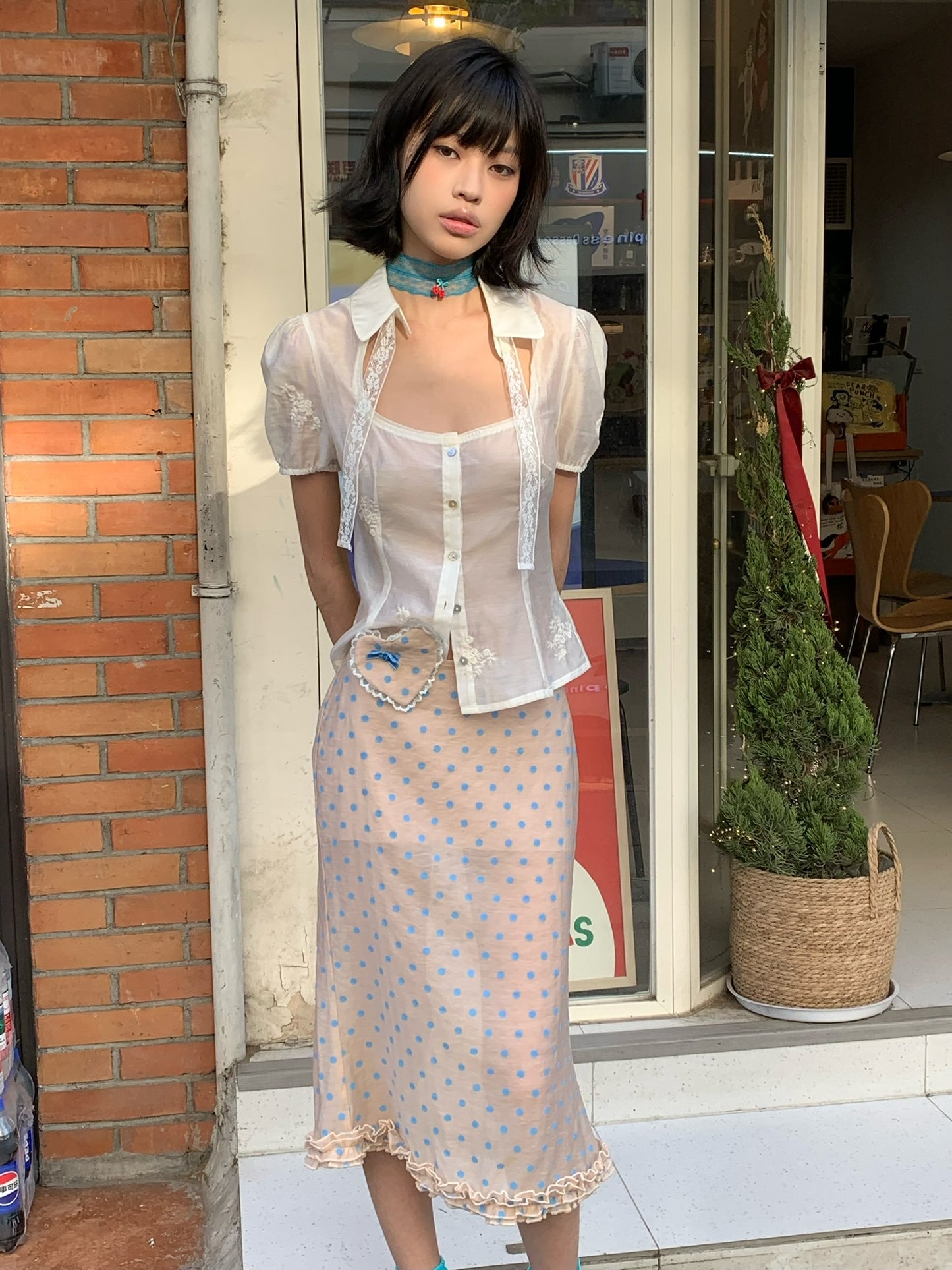 Baby blue polka dot original design tencel mid-length dress