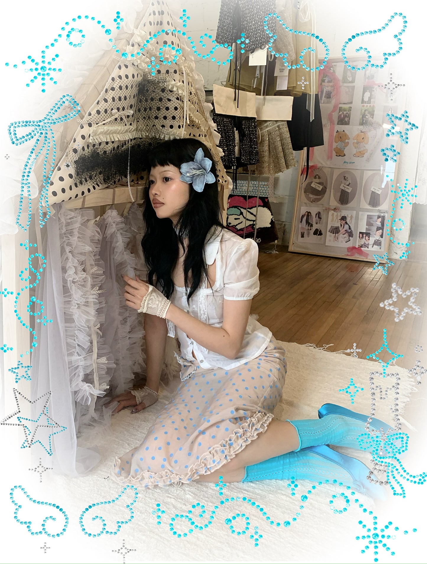 Baby blue polka dot original design tencel mid-length dress