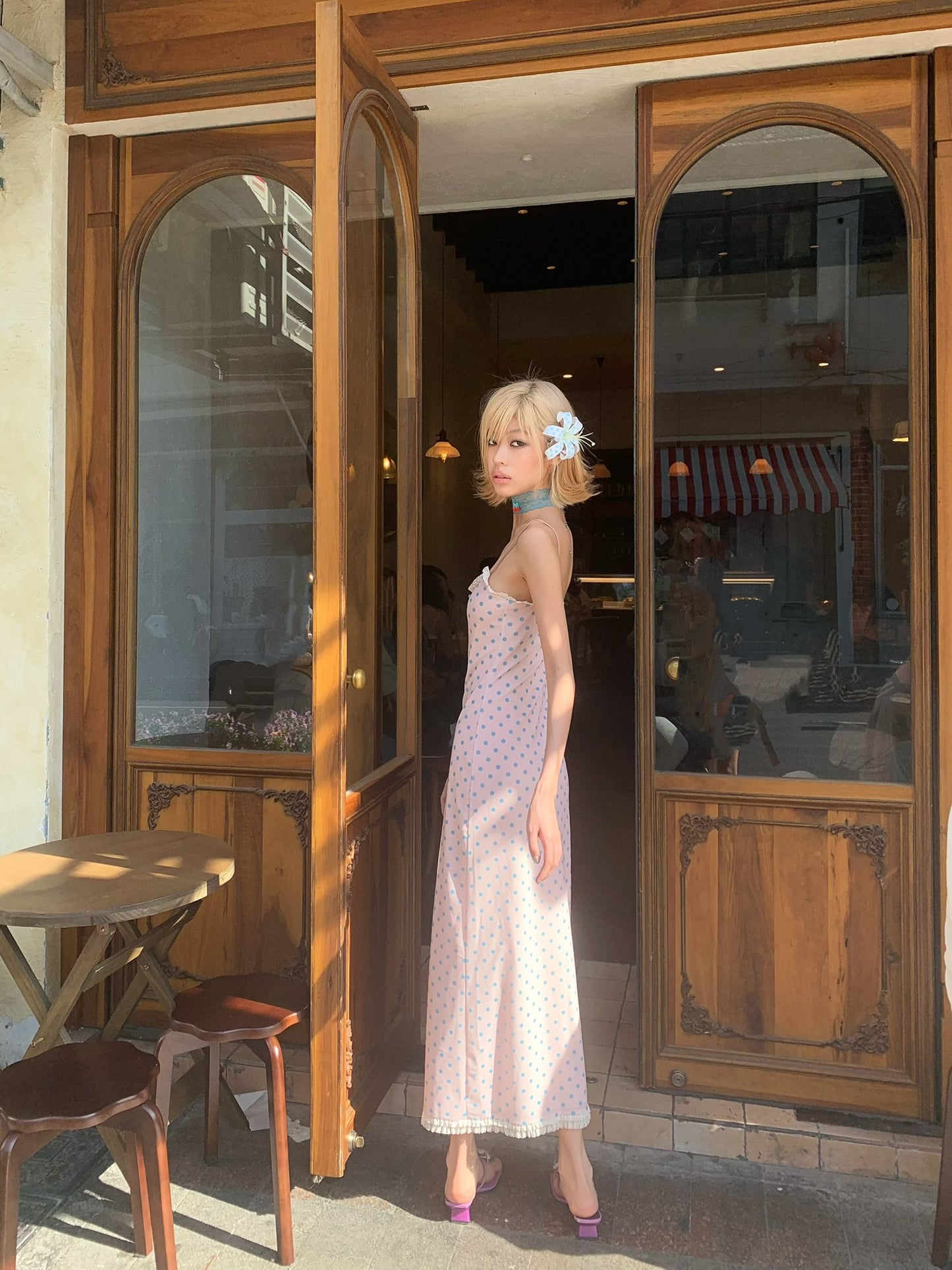 Candy polka dot dress in long version - Original pink strapless stretch-fitting long dress