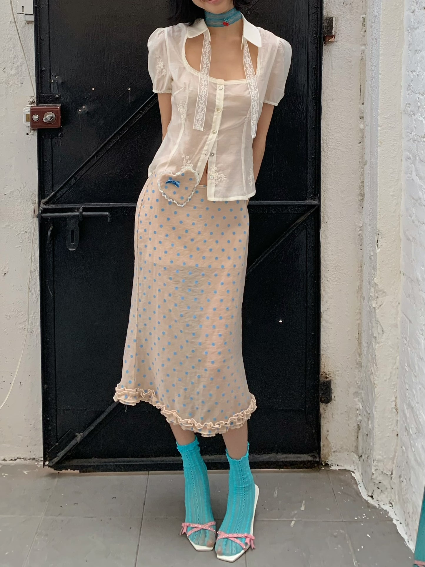 Baby blue polka dot original design tencel mid-length dress