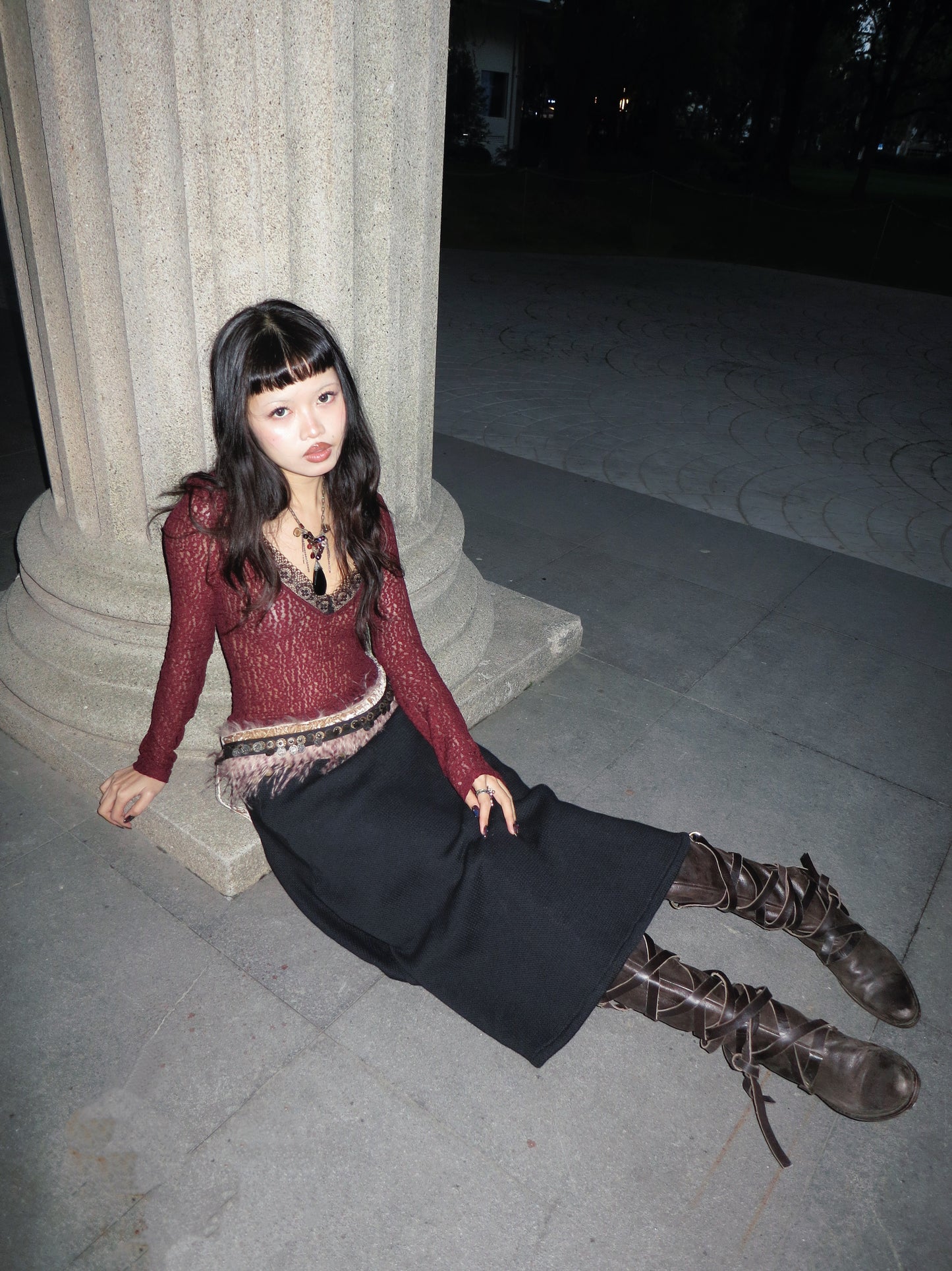 Dark red lace wide-neck fitted stretchy long-sleeved top