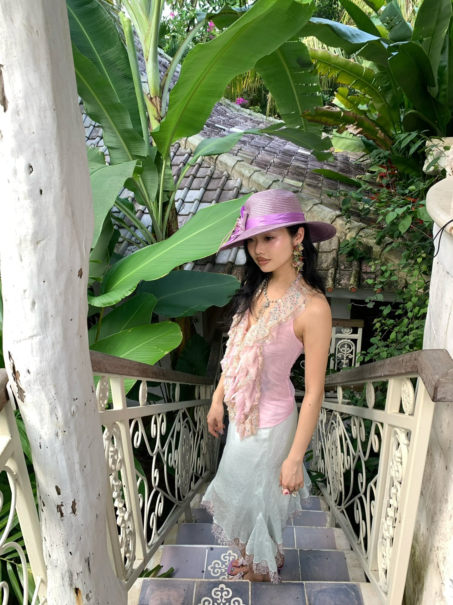 Pink glittering sequin ruffled halter strap original design top