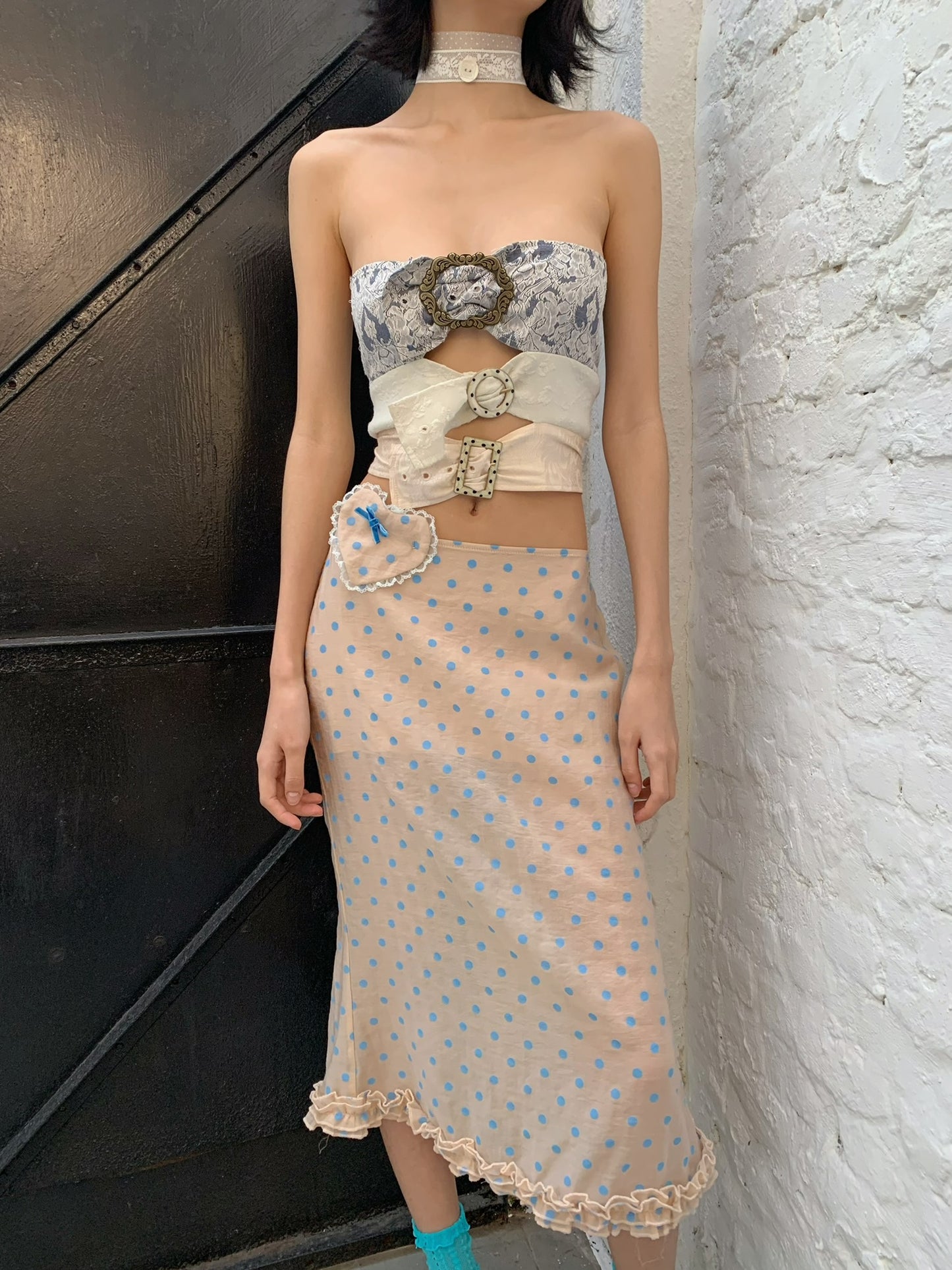 Baby blue polka dot original design tencel mid-length dress