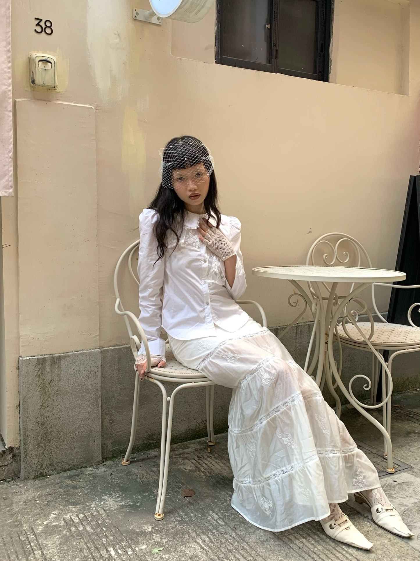 Babydoll collar lace-embroidered pure cotton versatile long-sleeved white shirt