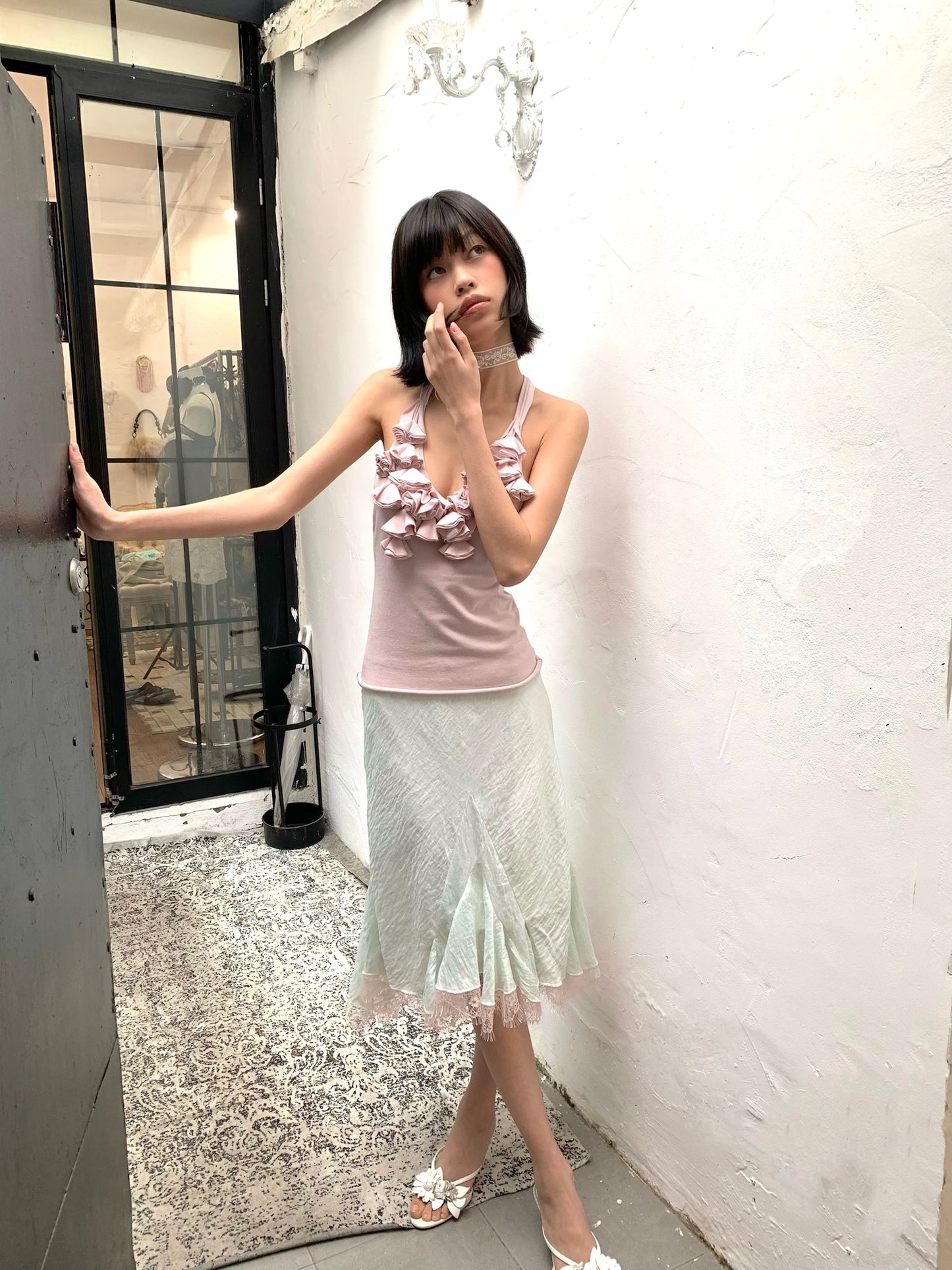 Mint green patched light pink lace flared chiffon skirt with a flowing hem