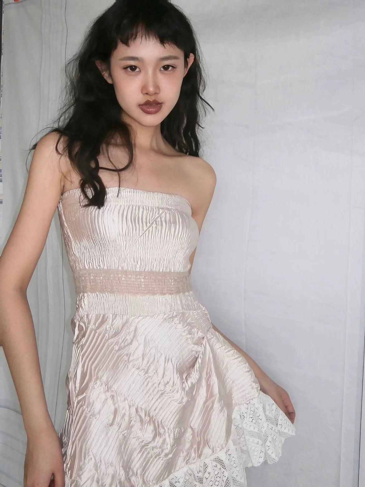 Girly pink pleated stretch lace lotus asymmetrical hem cute skirt/dress