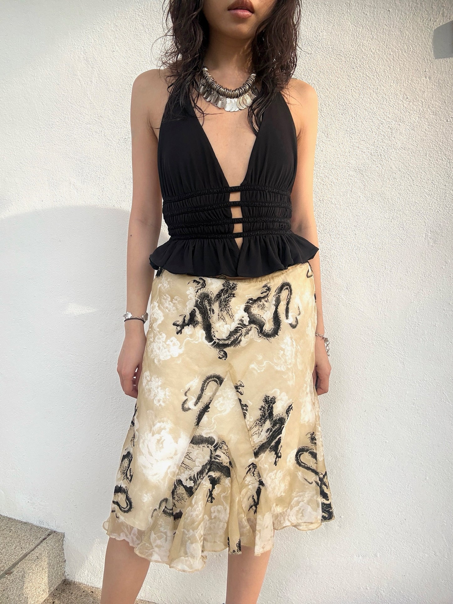 Dragon print chiffon skirt with wide hemline