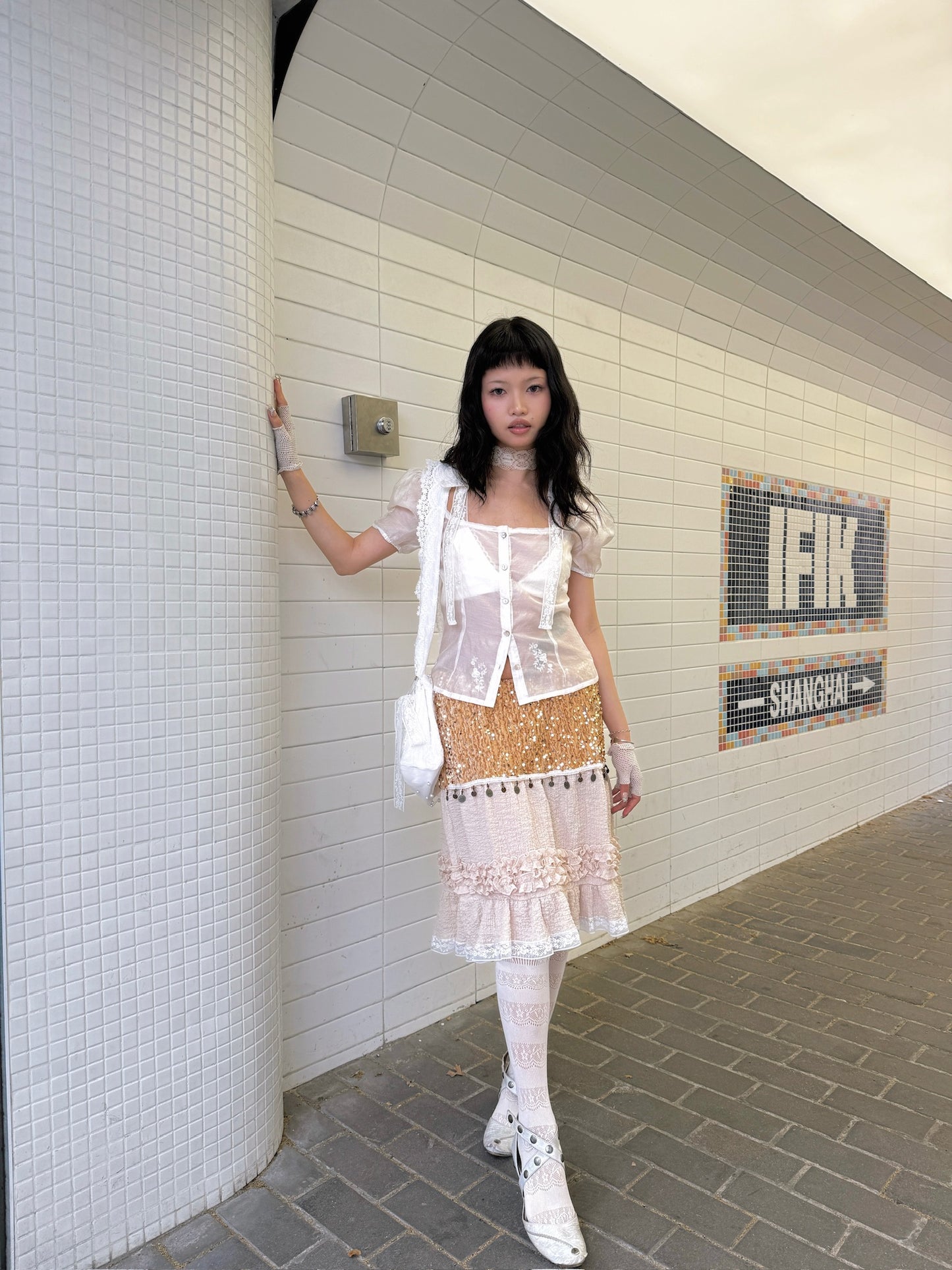 Gold and shiny baby doll skirt with rsequins and lace patchwork