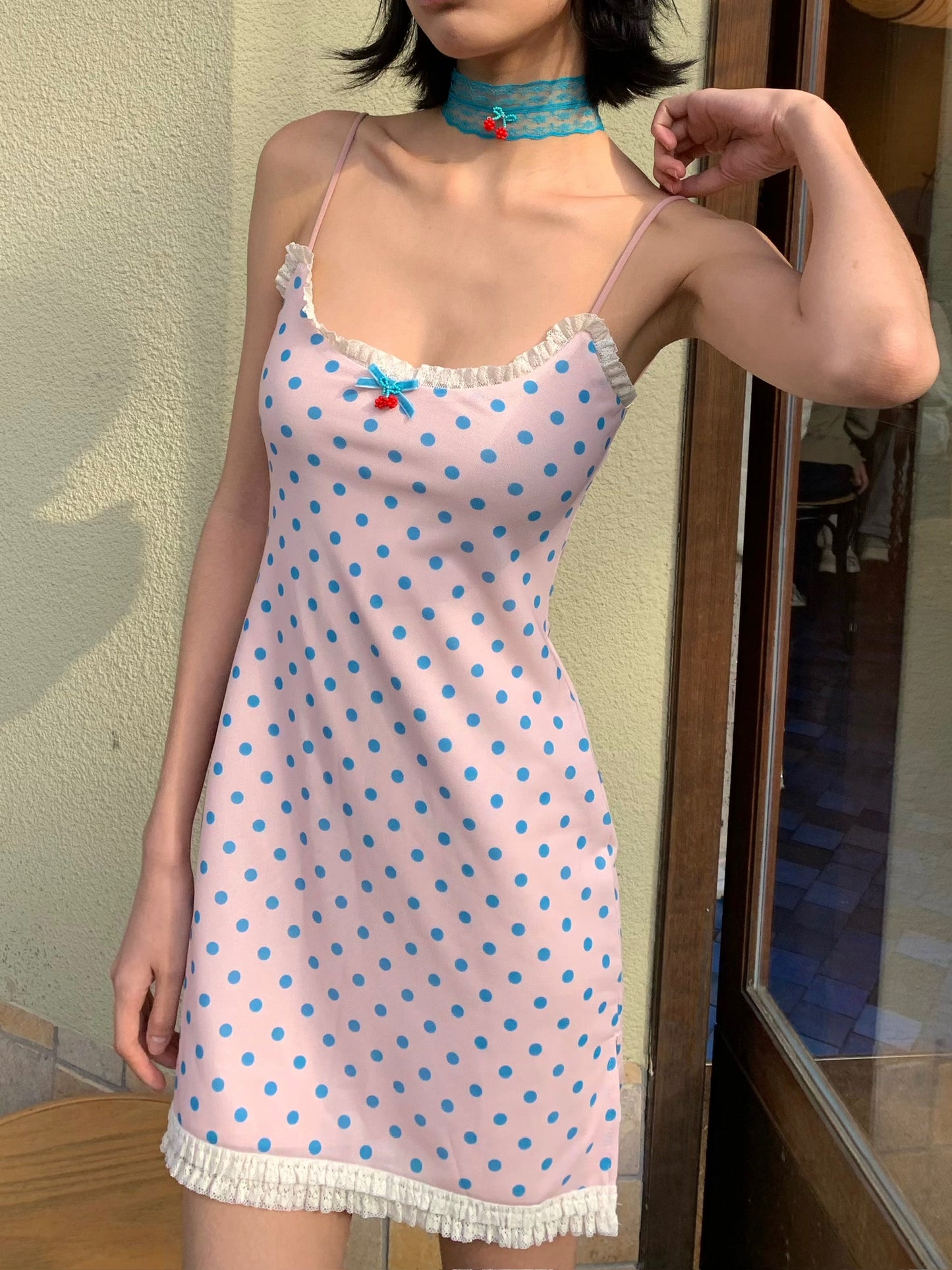 Candy polka dot dress pink stretch-fitting short dress