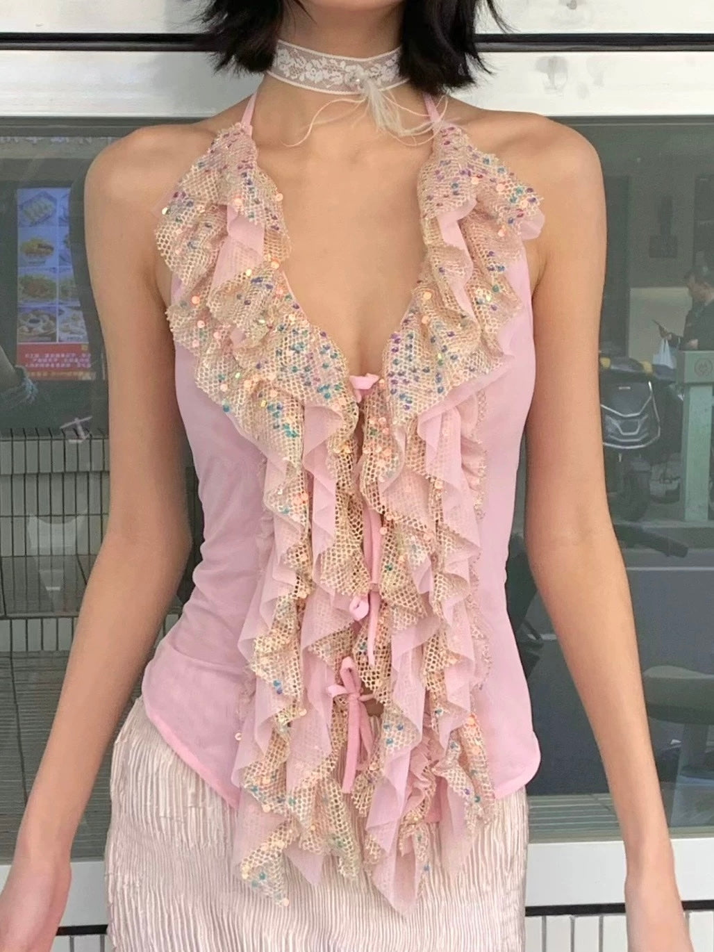 Pink glittering sequin ruffled halter strap original design top