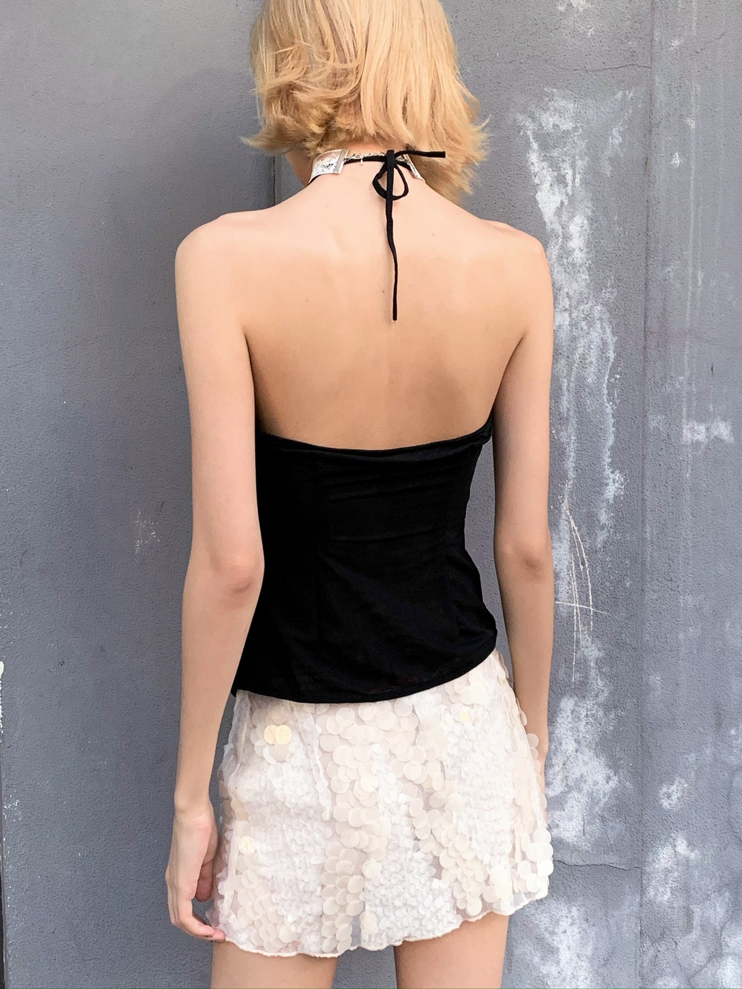 Dark glittering sequin ruffled halter strap original design top
