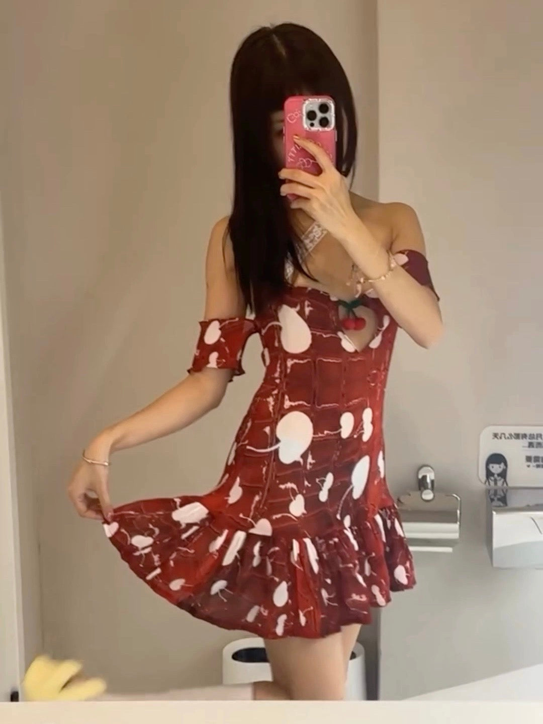 Cherry print strapless dress （short version)