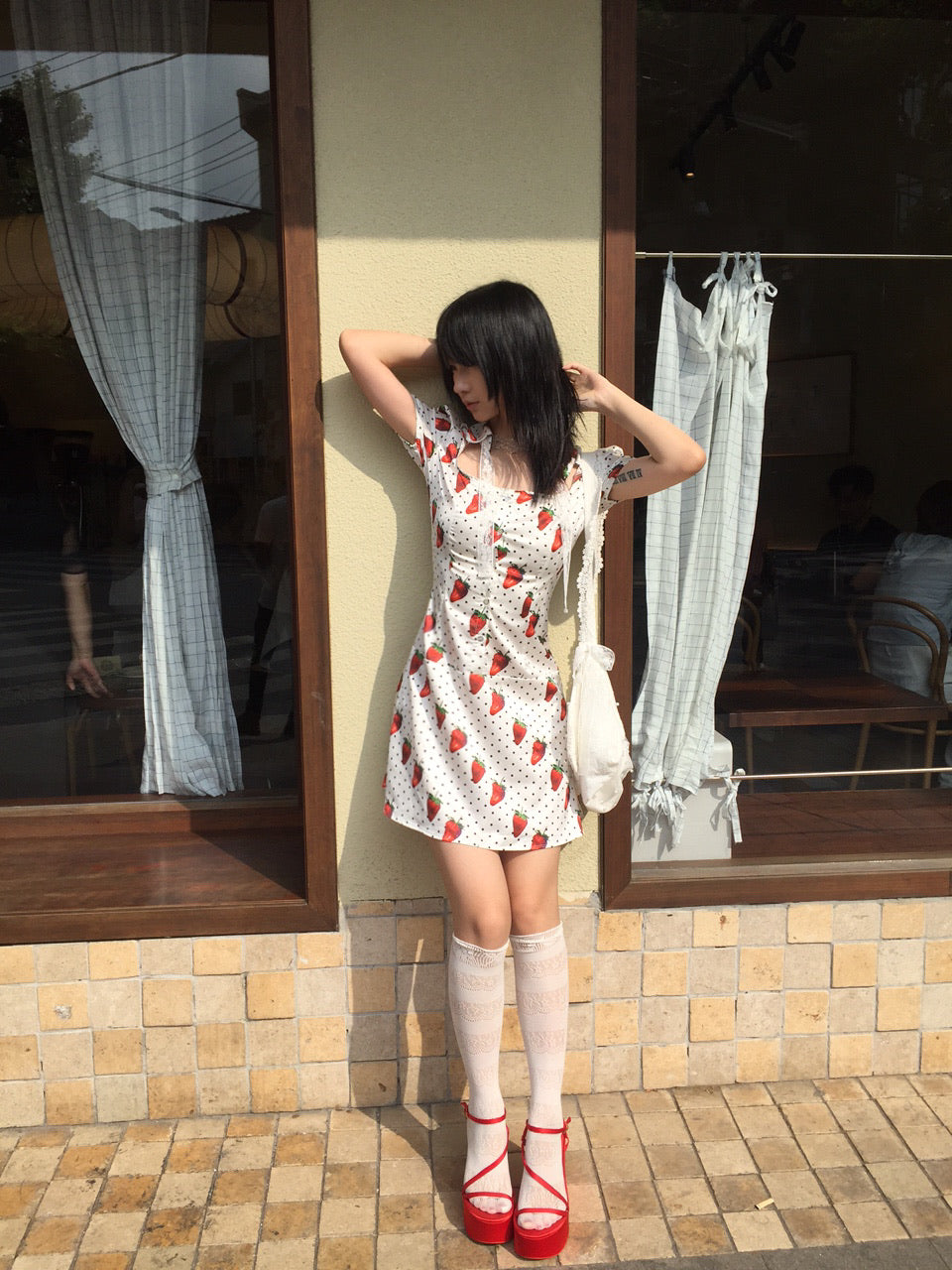 Strawberry polka dot cupcakes. Original printed bubble sleeve satin dress