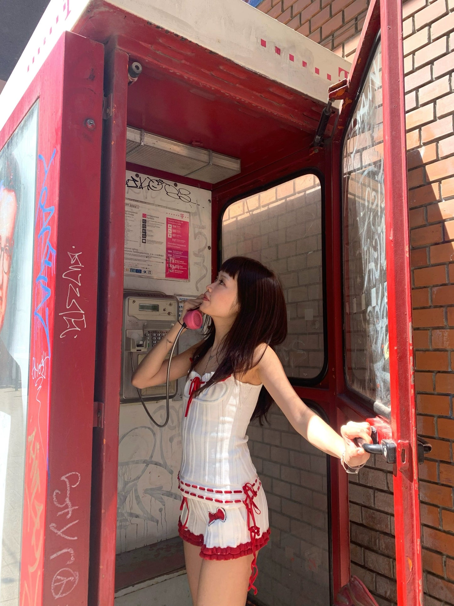 Red and white top + shorts knit set