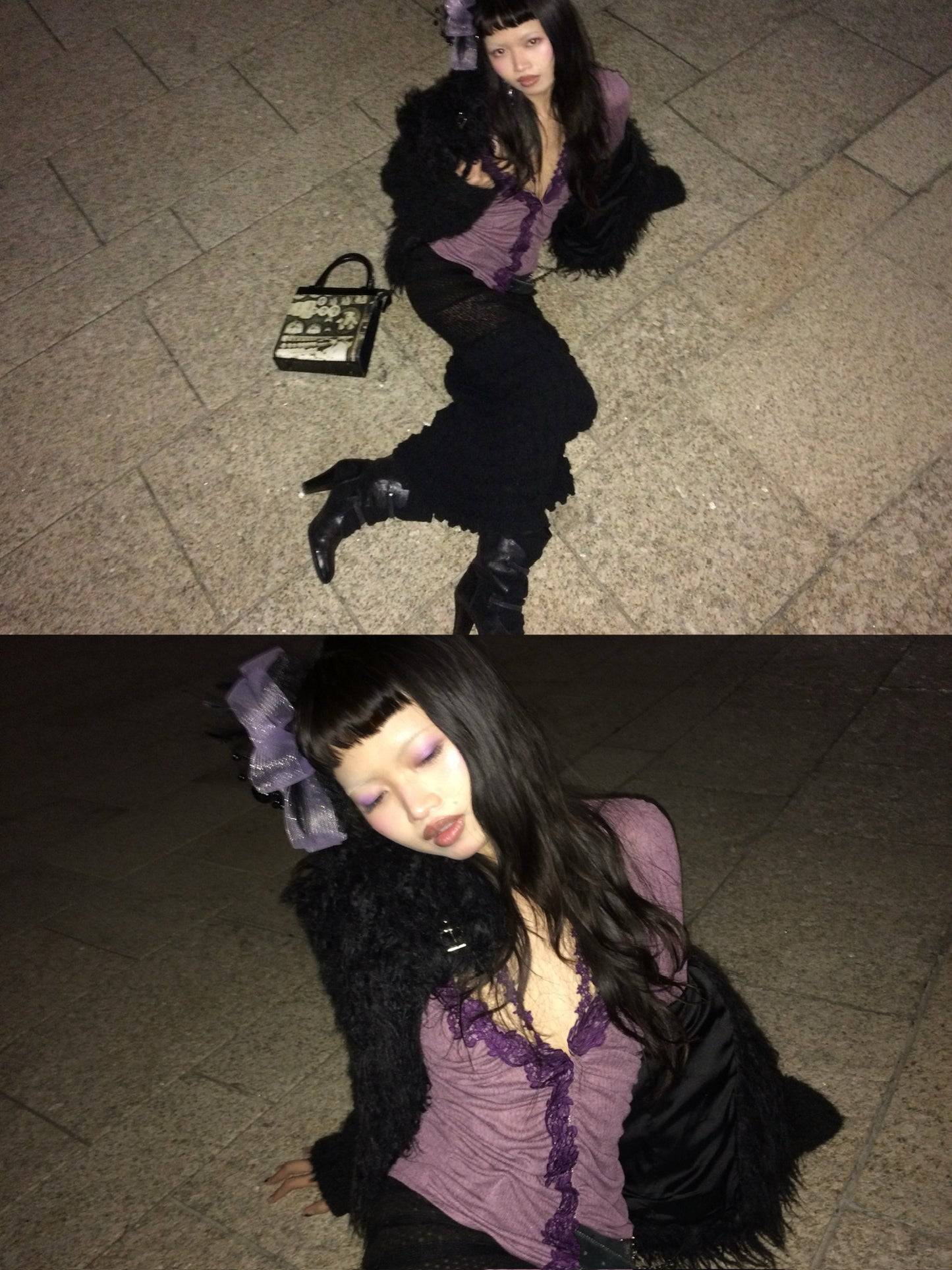 Velvet purple lace long-sleeved fitted stretchy top / cardigan