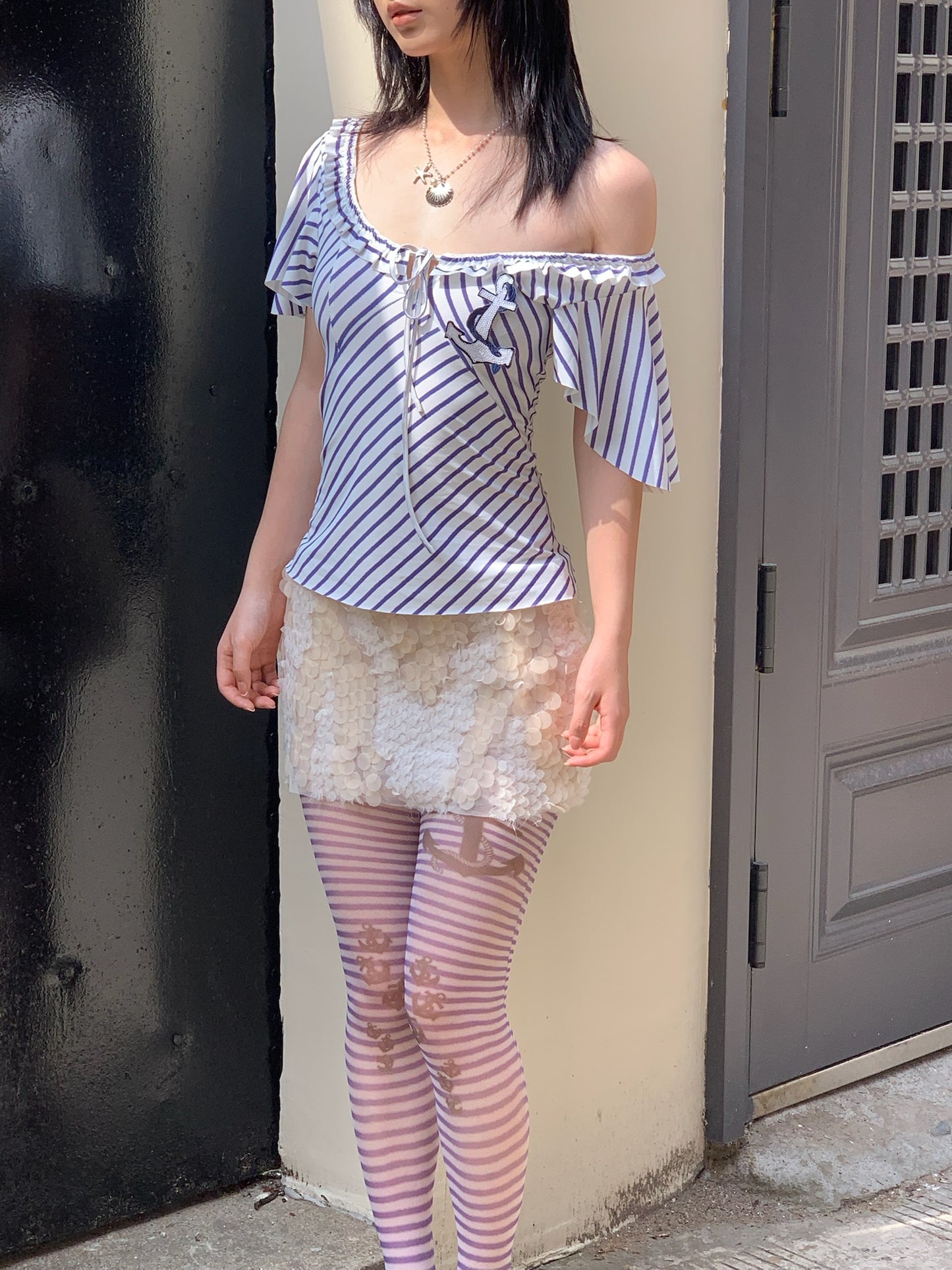 Navy style short-sleeved stretch top