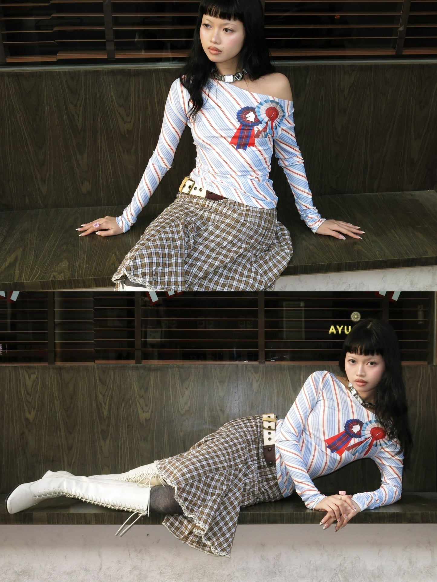 College style twill medal print long-sleeved top with stretch fabric