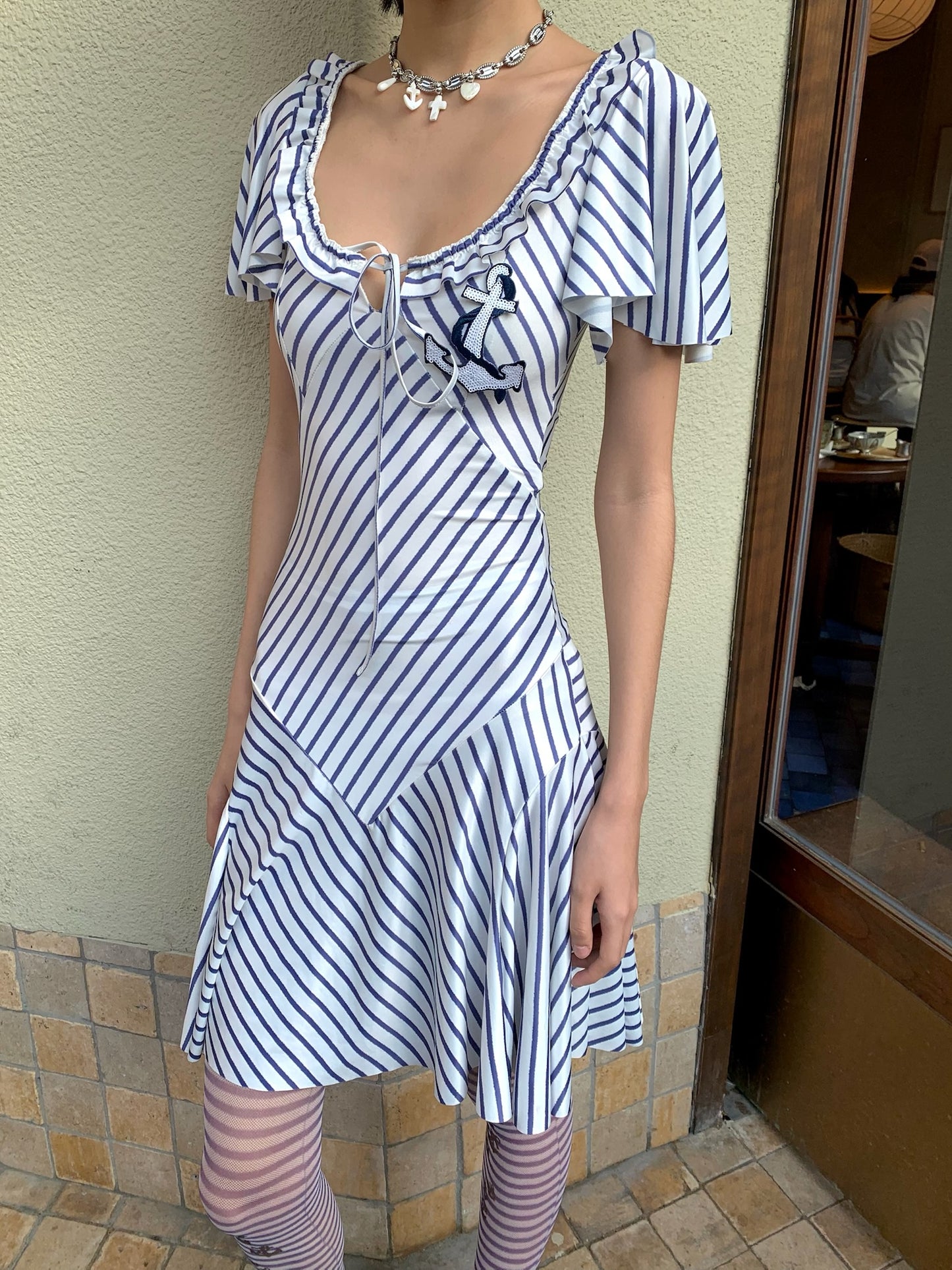 Navy style sailing style playful wide sleeves and large skirt hem elasticated dress