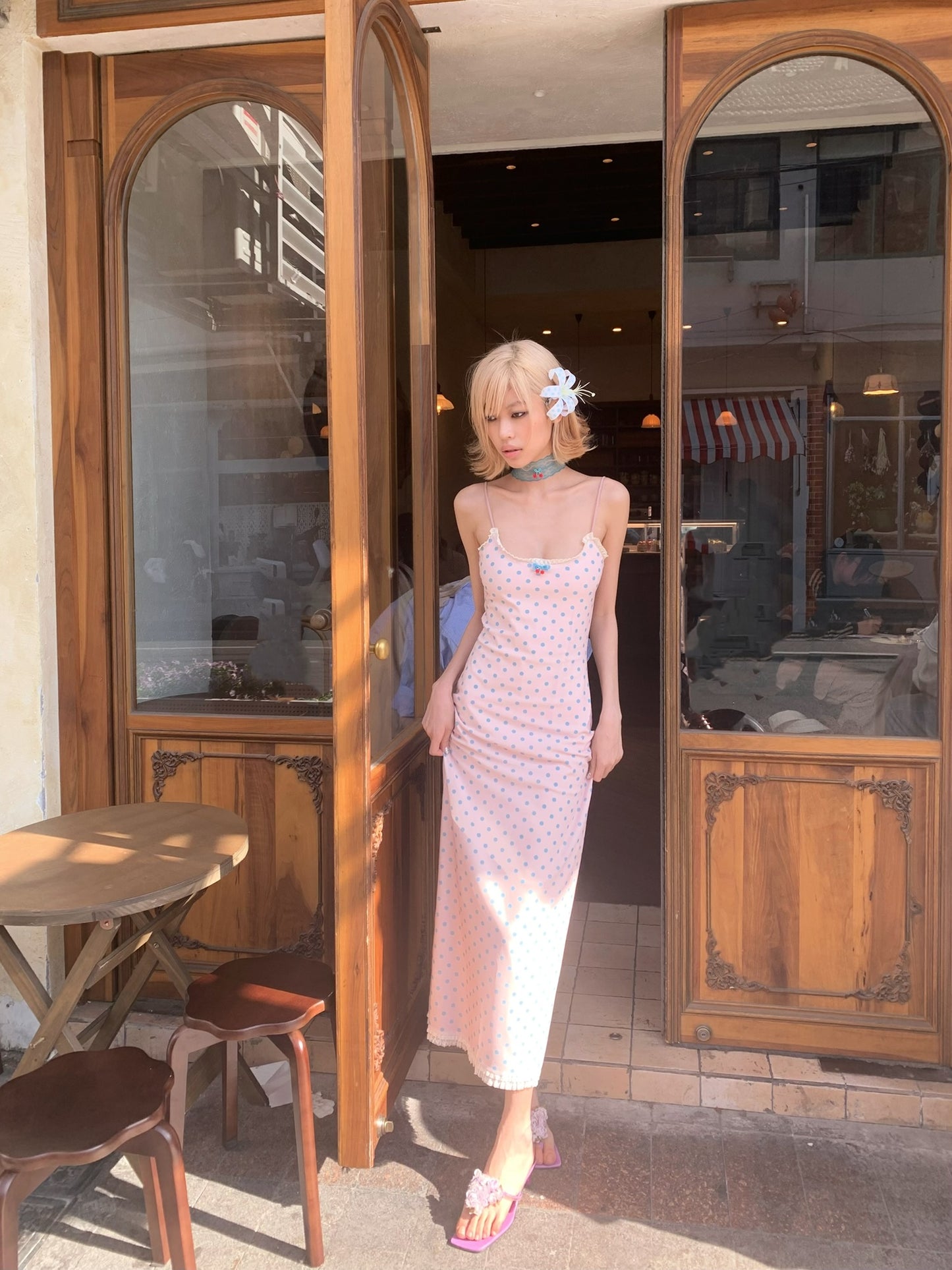 Candy polka dot dress in long version - Original pink strapless stretch-fitting long dress