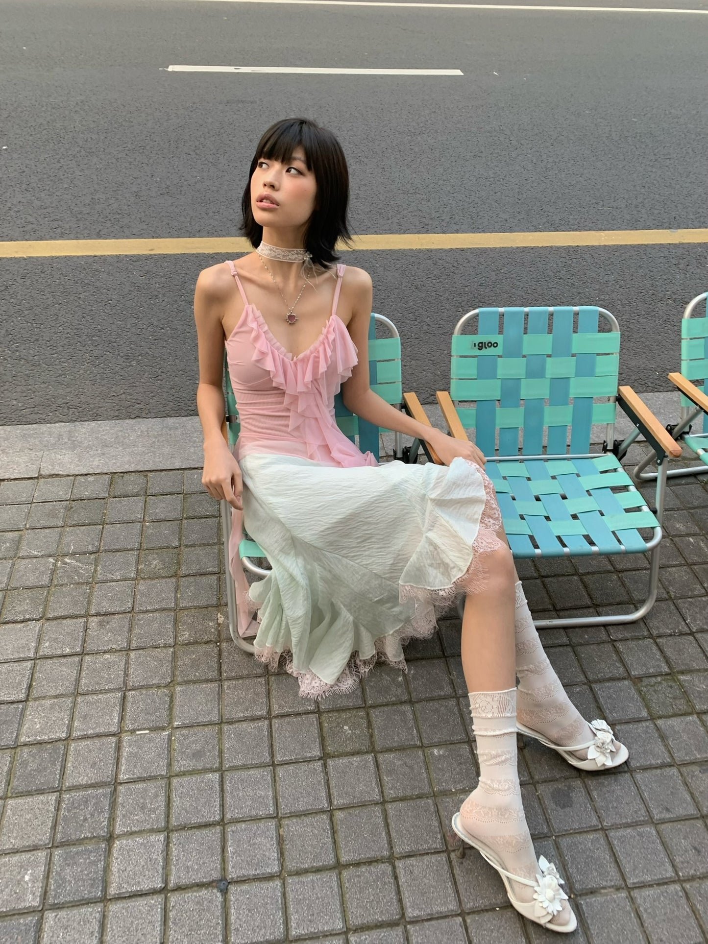 Mint green patched light pink lace flared chiffon skirt with a flowing hem