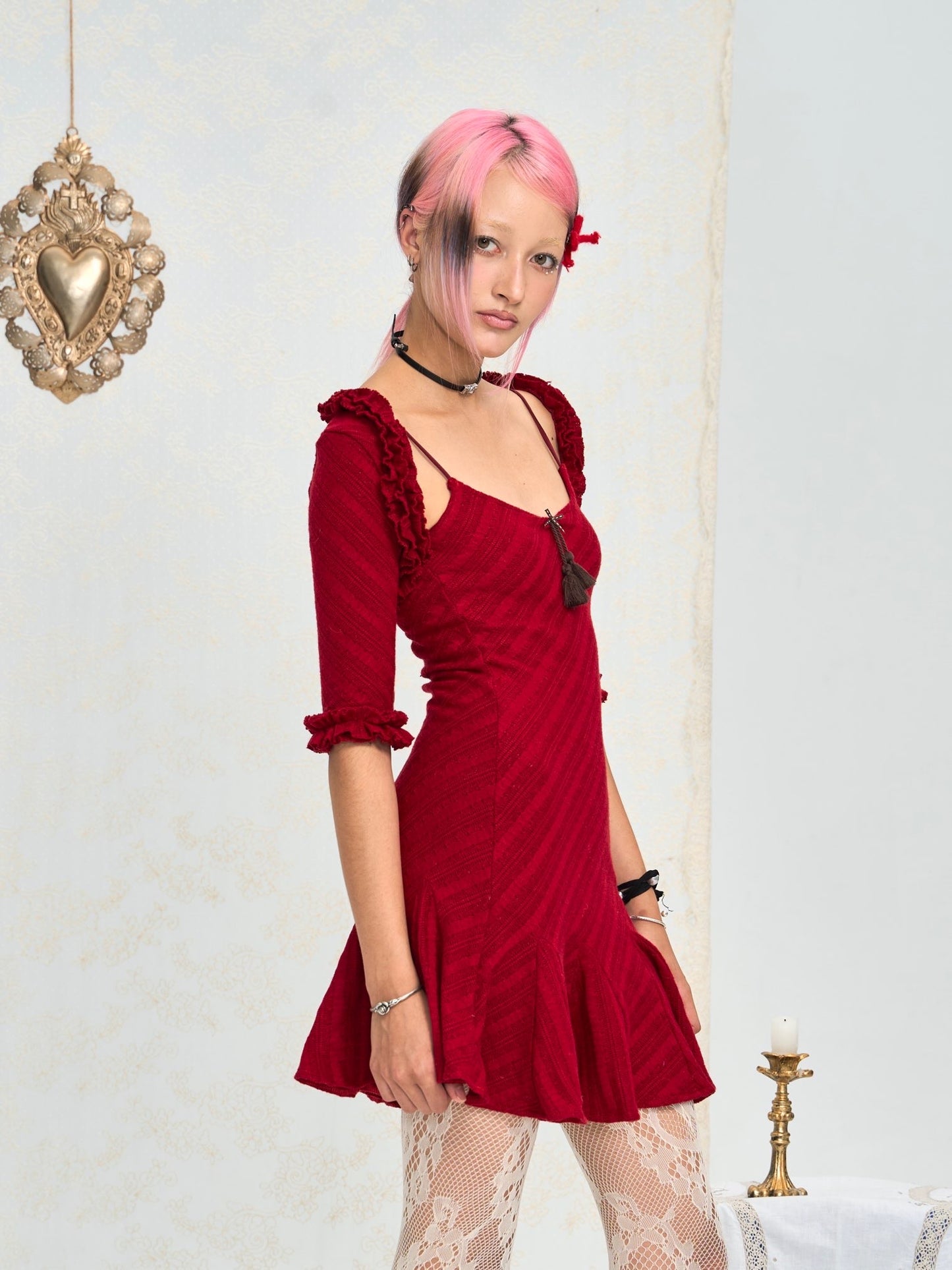 Velvet cake set: Wine red knitted halter dress + small cardigan