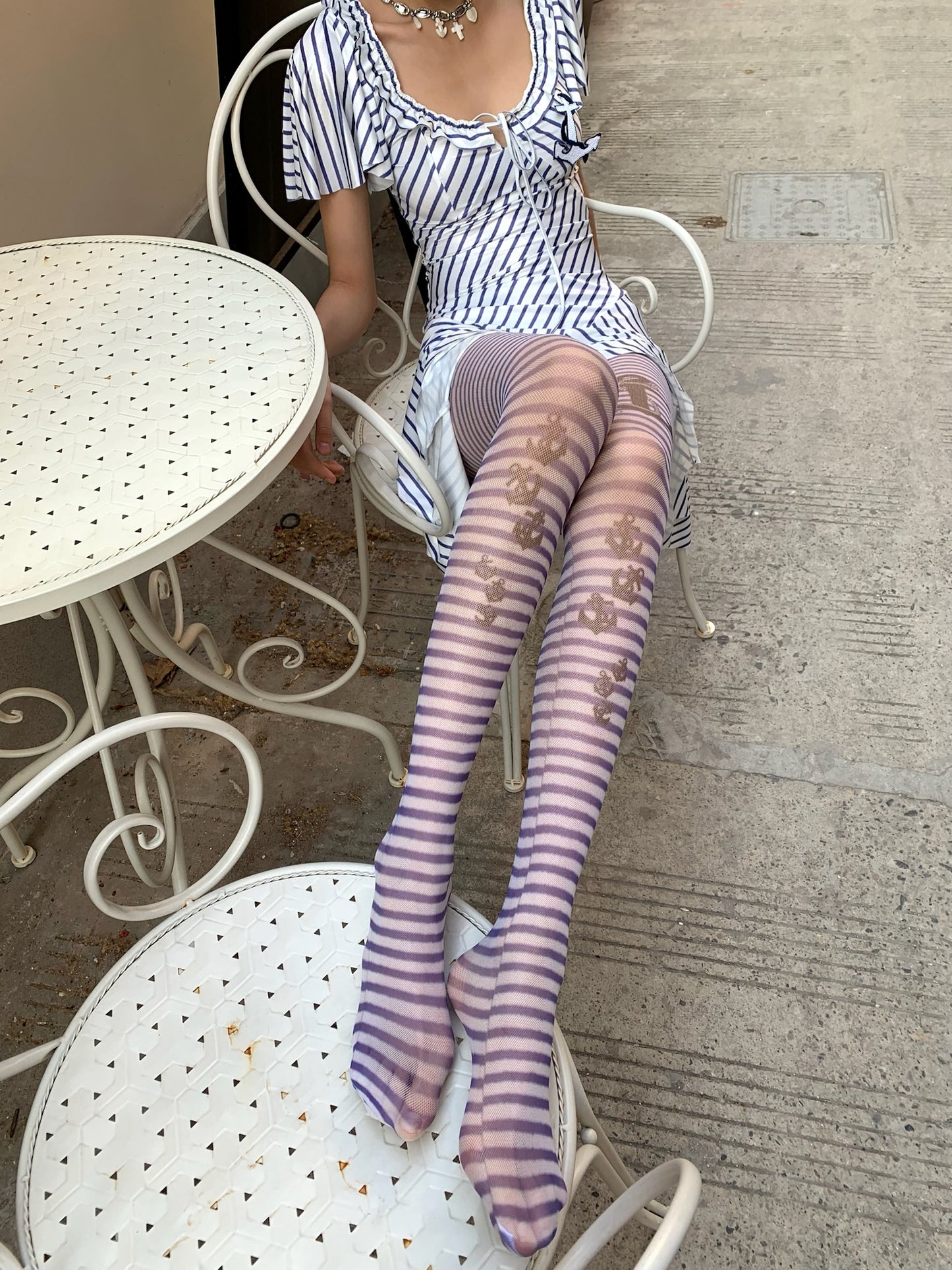 Original design, hard-to-tear striped navy sailor blue style fishnet stockings