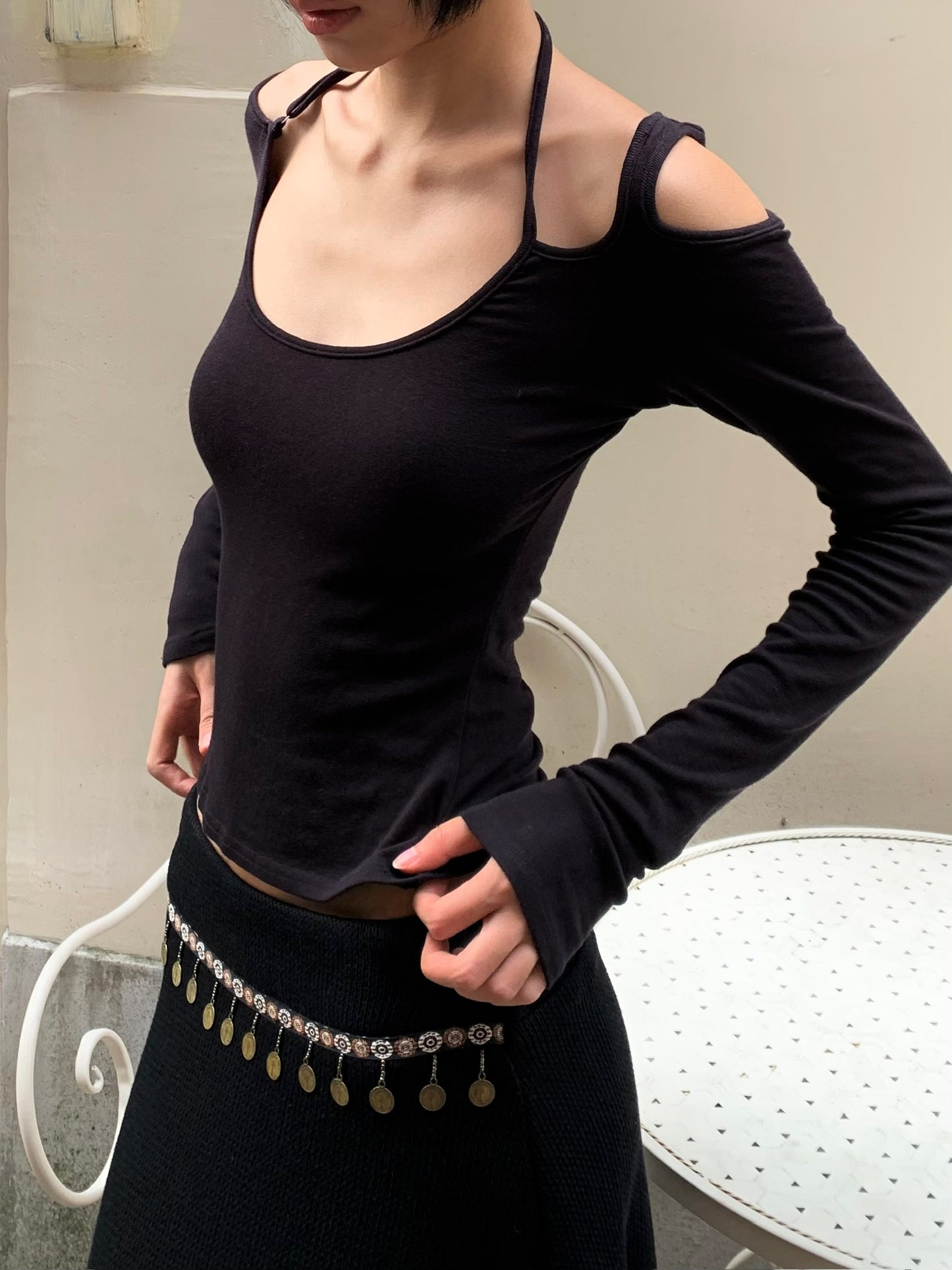 High-quality Tencel and Australian wool off-the-shoulder versatile long-sleeved top Black