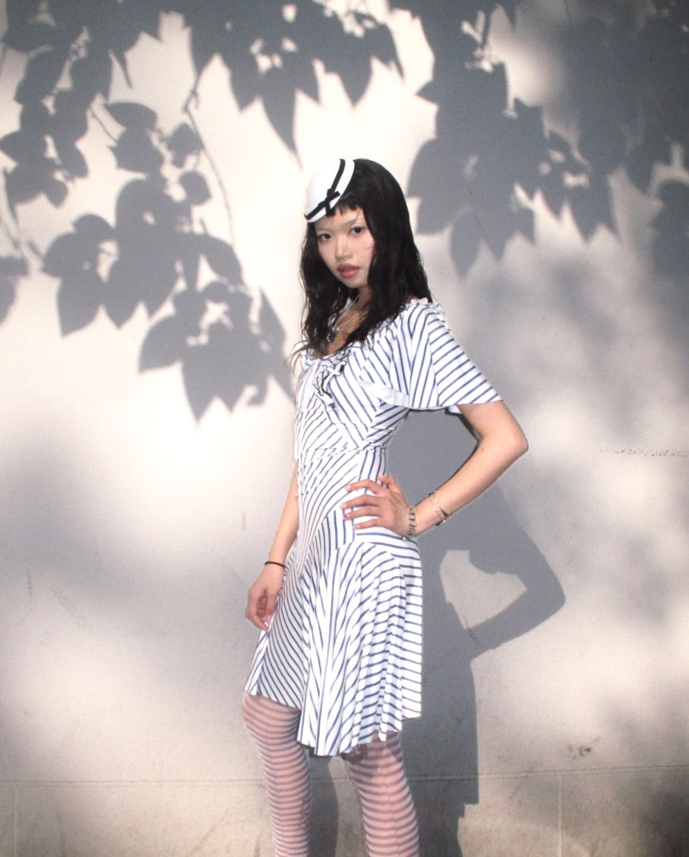Navy style sailing style playful wide sleeves and large skirt hem elasticated dress