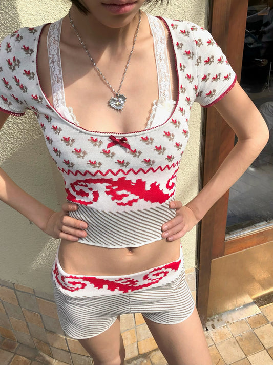 Red floral summer knit set - top + shorts