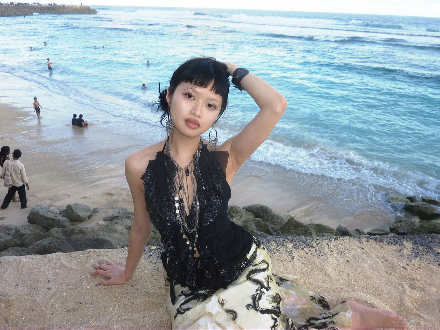 Dark glittering sequin ruffled halter strap original design top