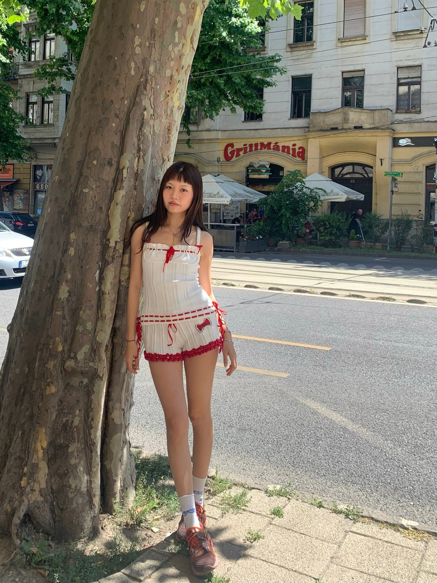 Red and white top + shorts knit set