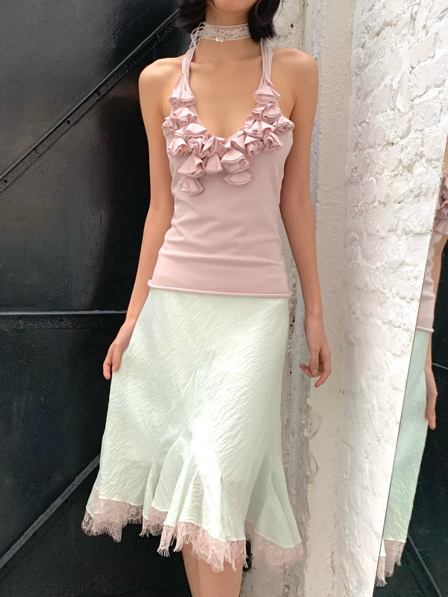 Mint green patched light pink lace flared chiffon skirt with a flowing hem