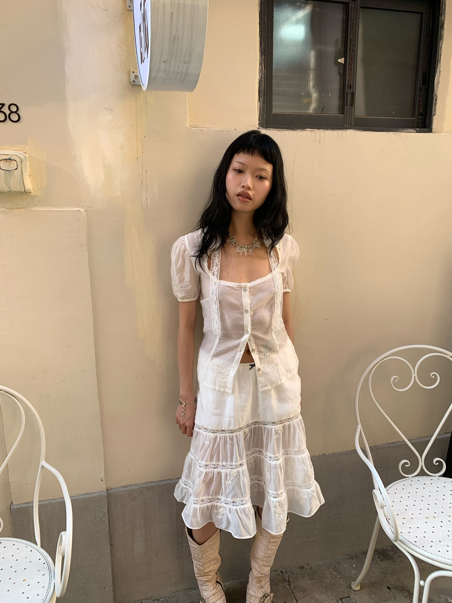 White lace cute Tencel cotton A-line skirt