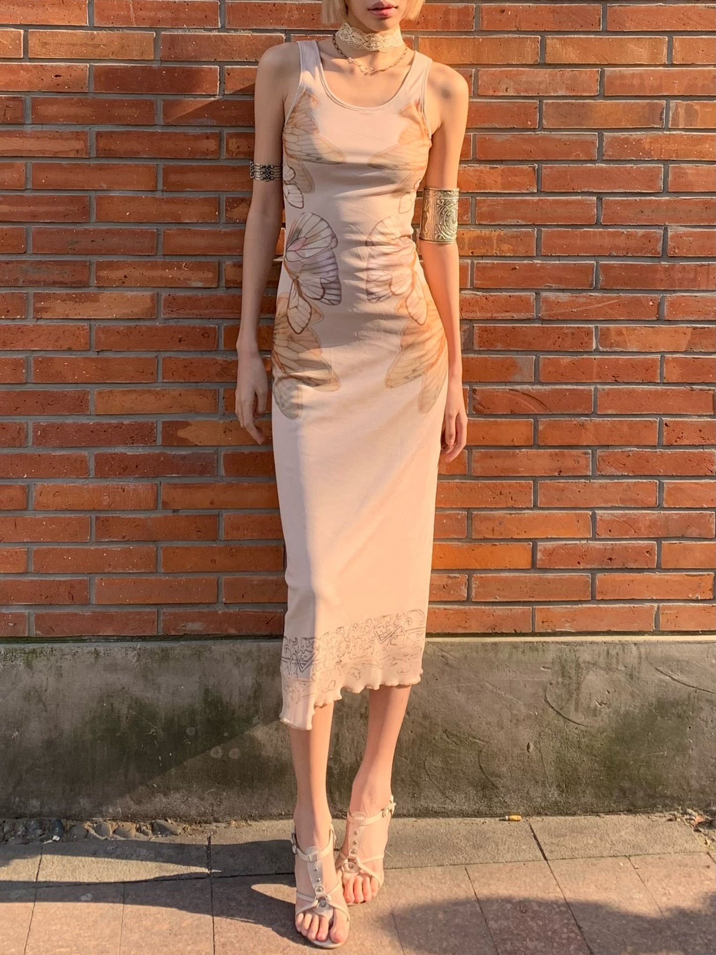 Nude-colored butterfly original design printed mesh double-layer slimming dress