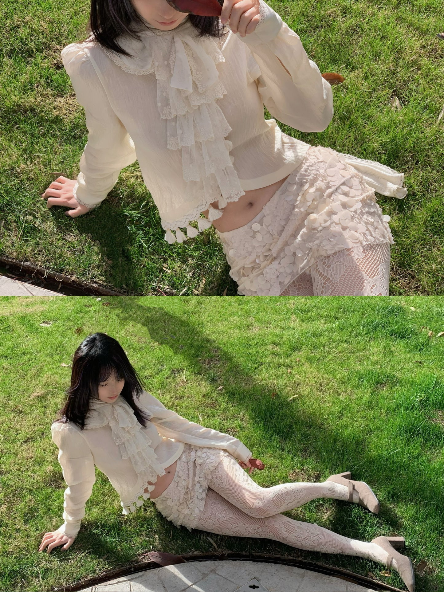 Beige doll shirt with a ruffled collar, lace tassels and an asymmetrical design