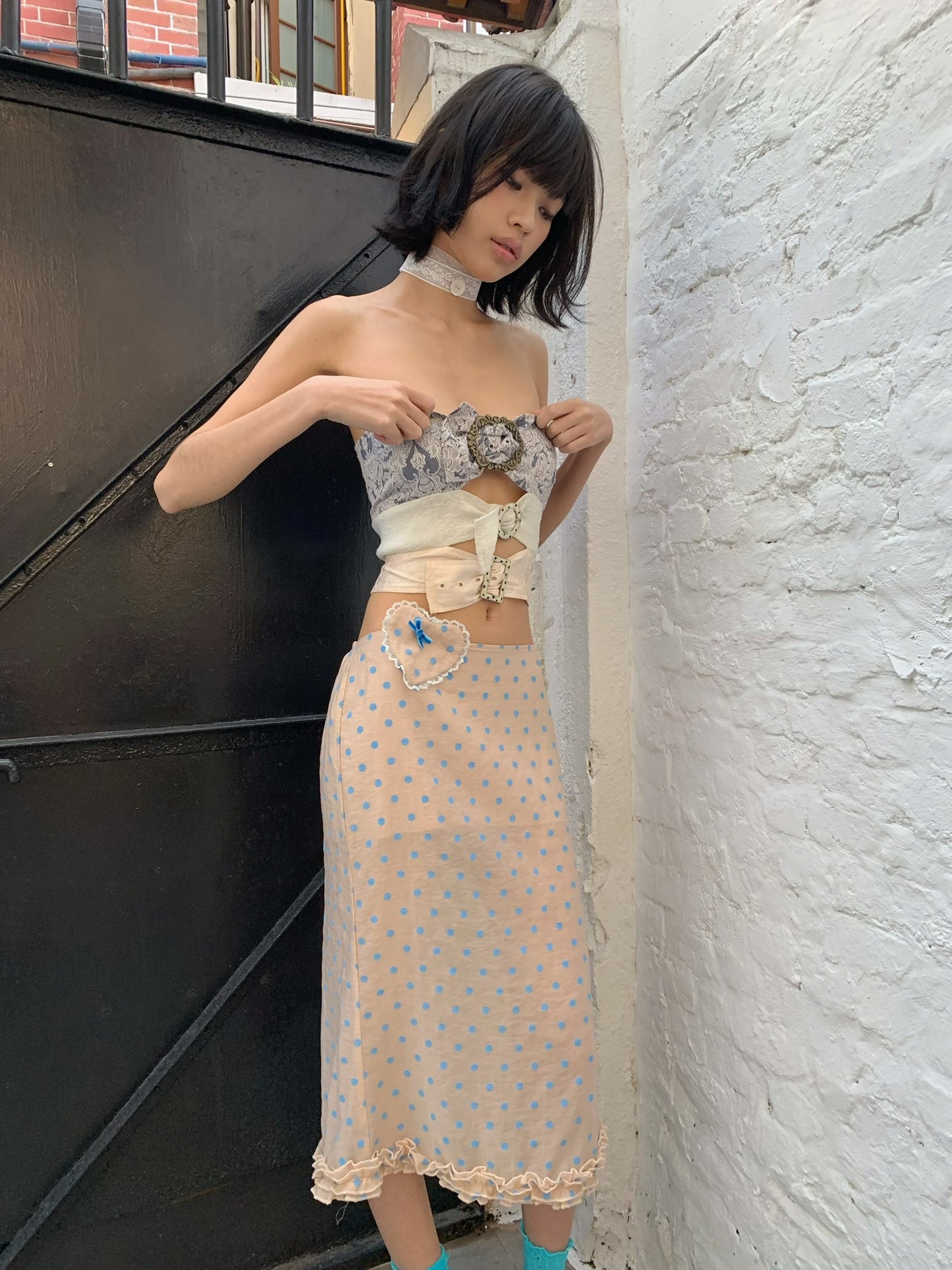 Baby blue polka dot original design tencel mid-length dress