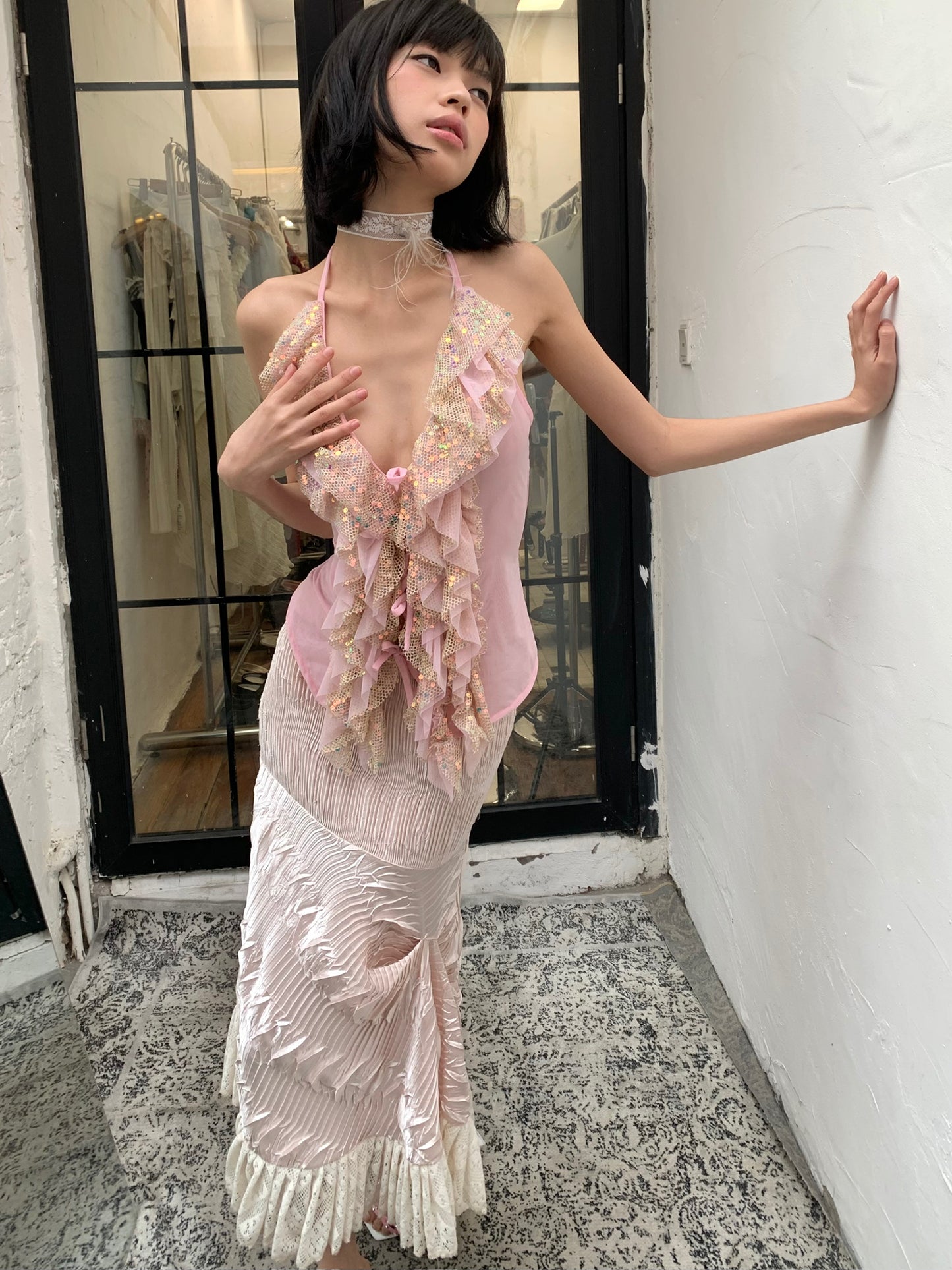 Pink glittering sequin ruffled halter strap original design top