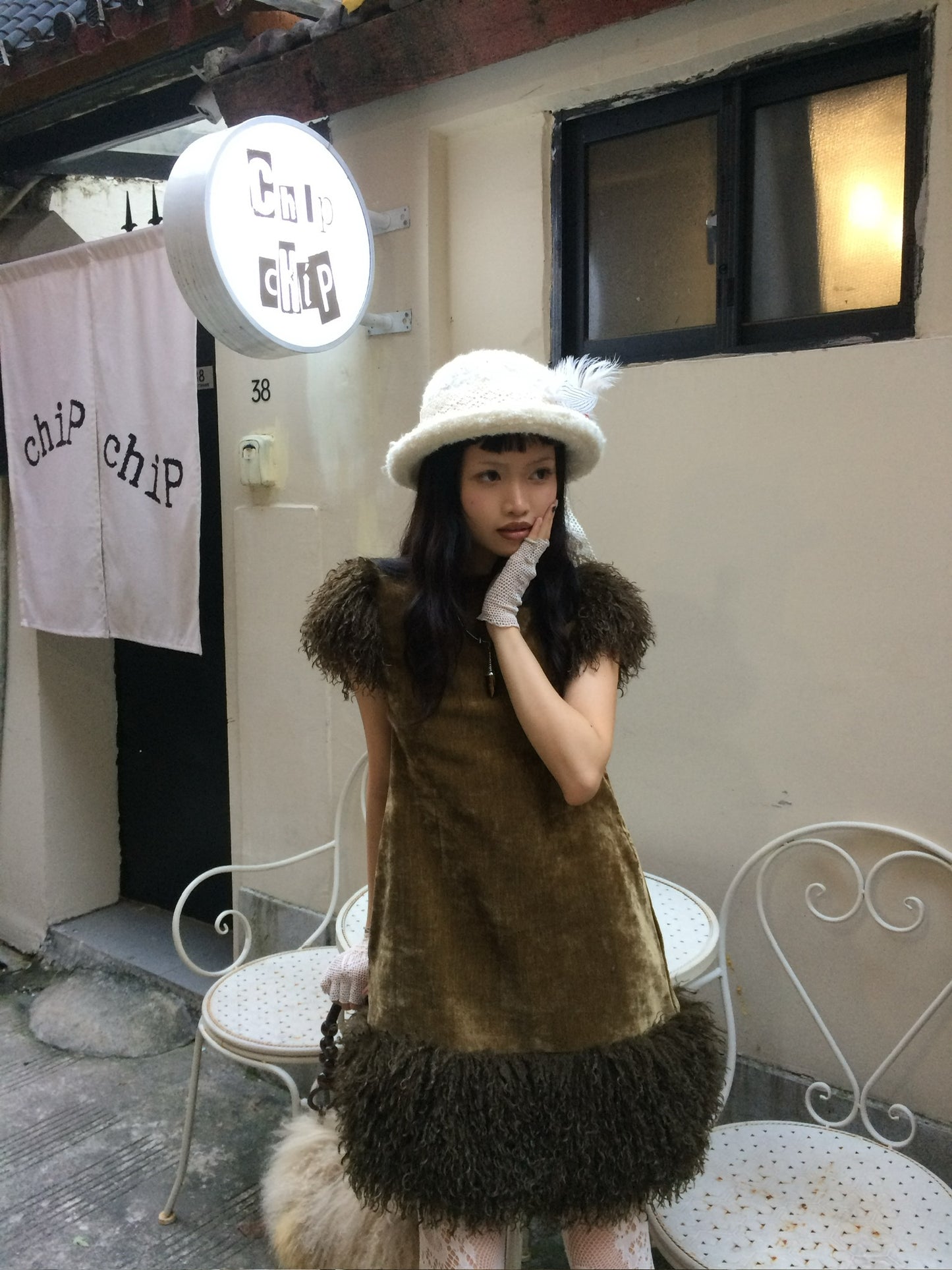Retro moss green fluffy short-sleeved dress