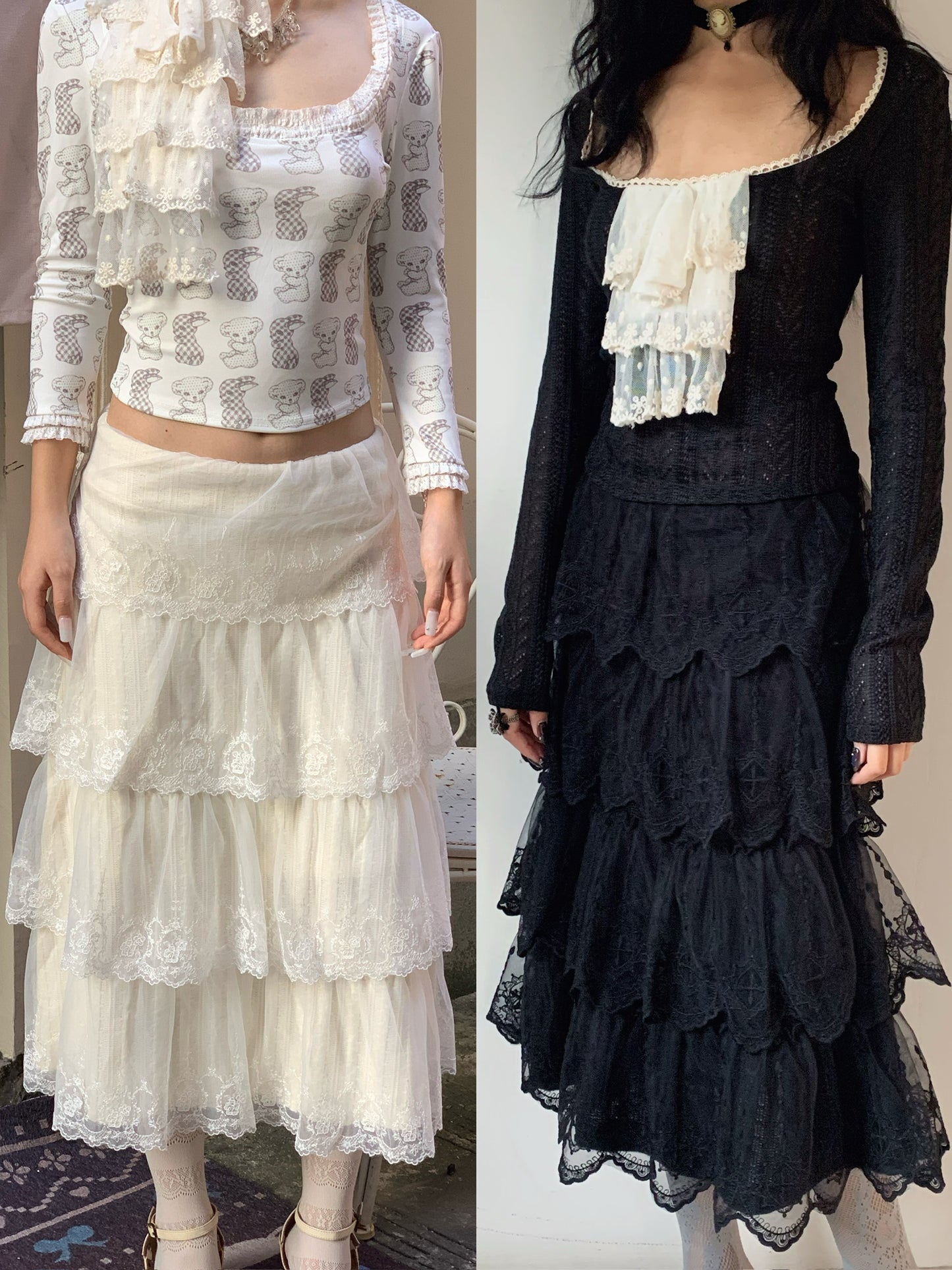 Black and white lace vintage thick knitted mid-length half skirt with elastic waistband