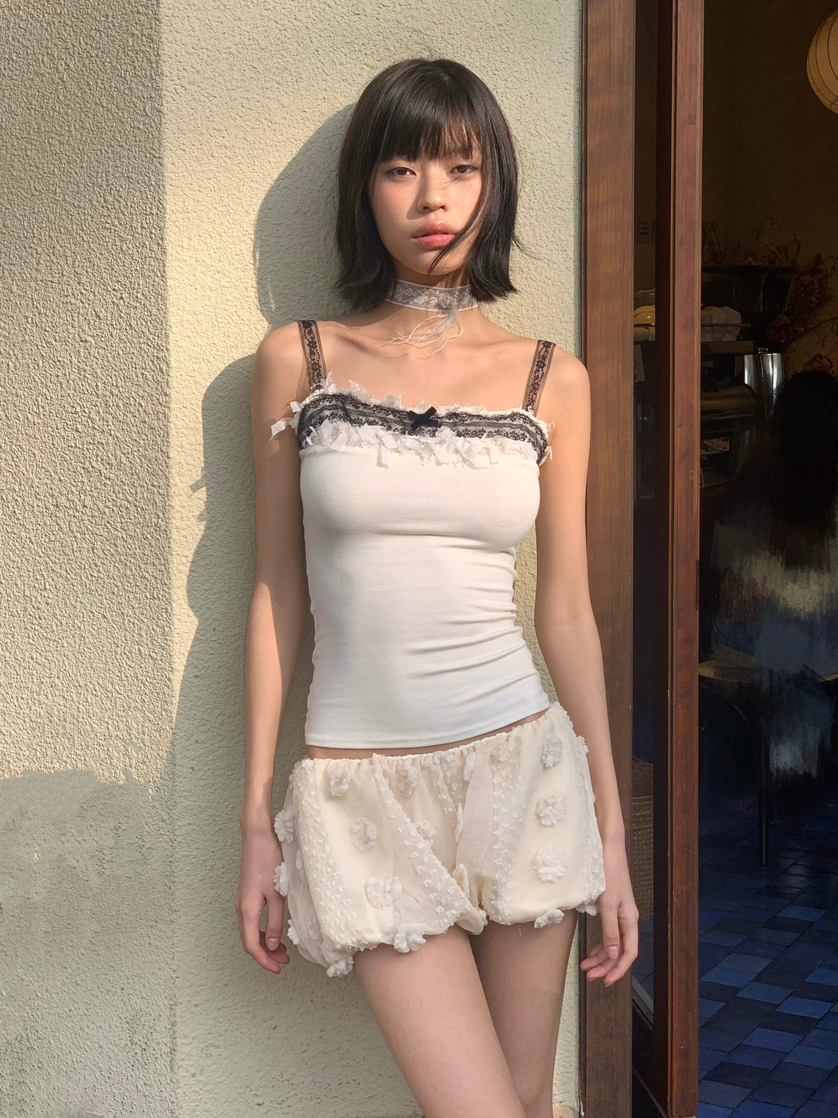 Beige bubble-shaped, puffy, low-waist, stretchy ultra-short pants